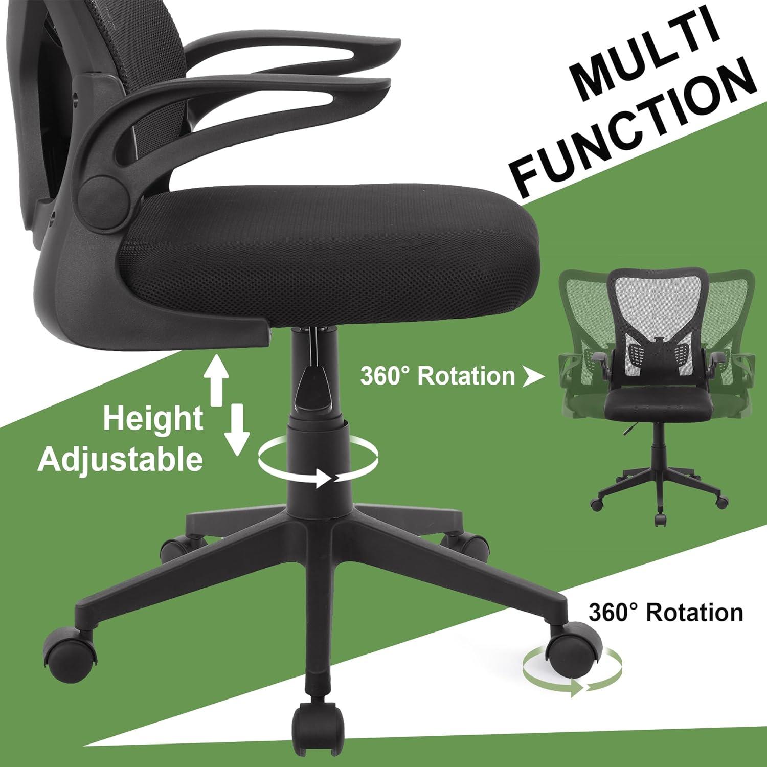 VECELO Mid-Back Mesh Ergonomic Office Chair with Flim-up Armrests, Breathable Lumbar Support, Swivel Wheels, Adjustable Height, for Study/Computer Task/Home Desk Work, Black