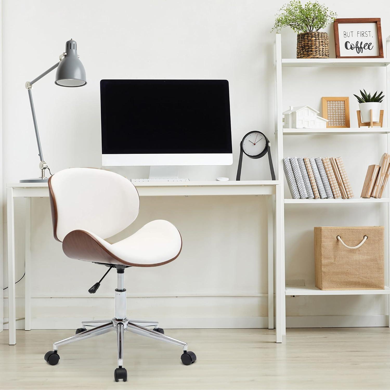 BELLEZE Mid-Century Walnut Bent Plywood and White Finish Adjustable Swivel Accent Desk Chair