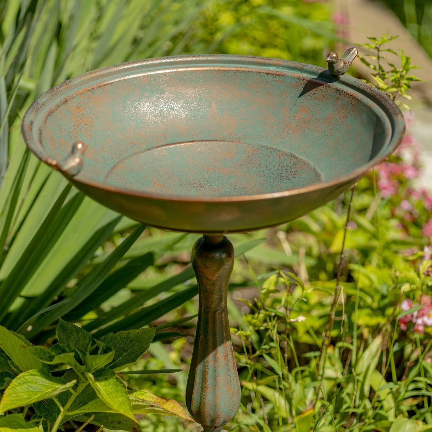 Zaer Ltd. Ornate Pedestal Style Birdbath with Cast Iron Birds on Rim Full Base (Bronze)