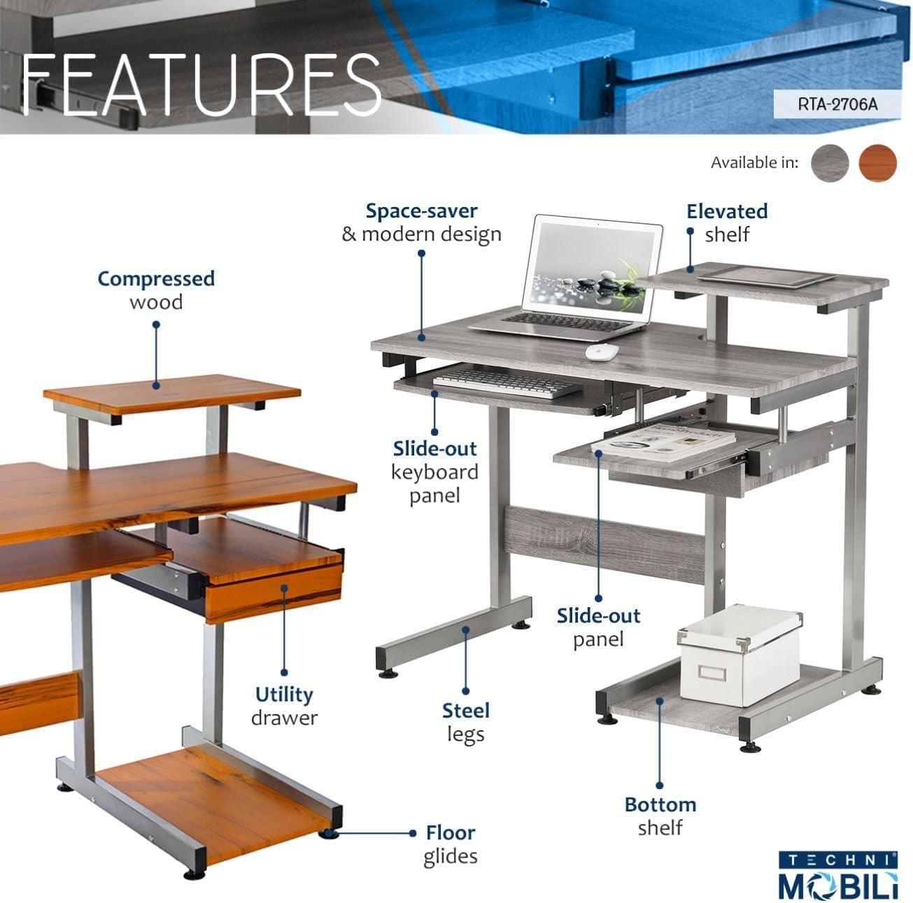 Complete Computer Workstation Desk Gray - Techni Mobili: With Drawer, Steel Frame, MDF Surface