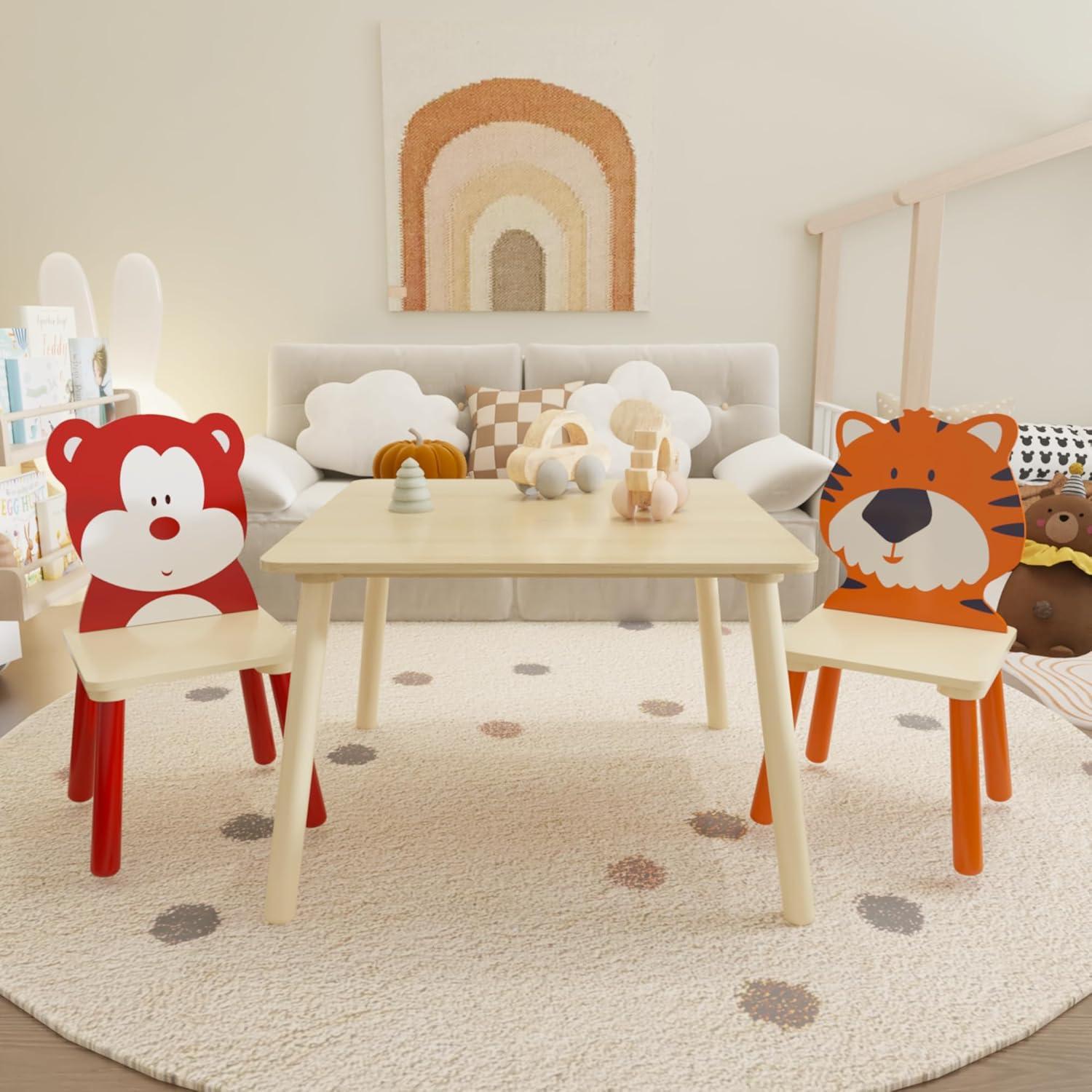 Natural Wood Kids Activity Table with Bear and Tiger Chairs