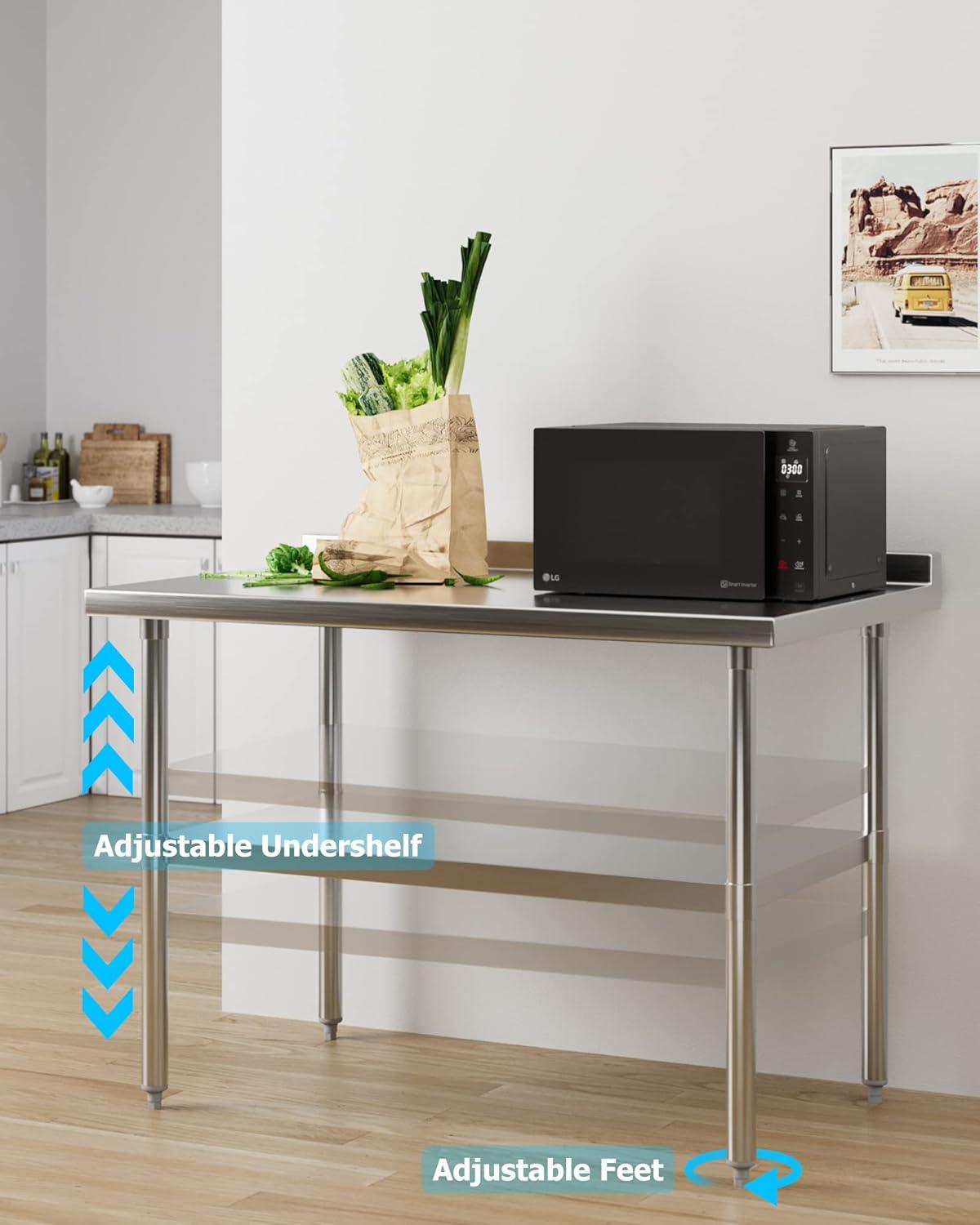 JINSEED Stainless Steel Work Table with Backsplash, 48 x 24 inch Commercial Food Prep Worktable, Heavy Duty Work Table for Kitchen, Restaurant, Hotelh