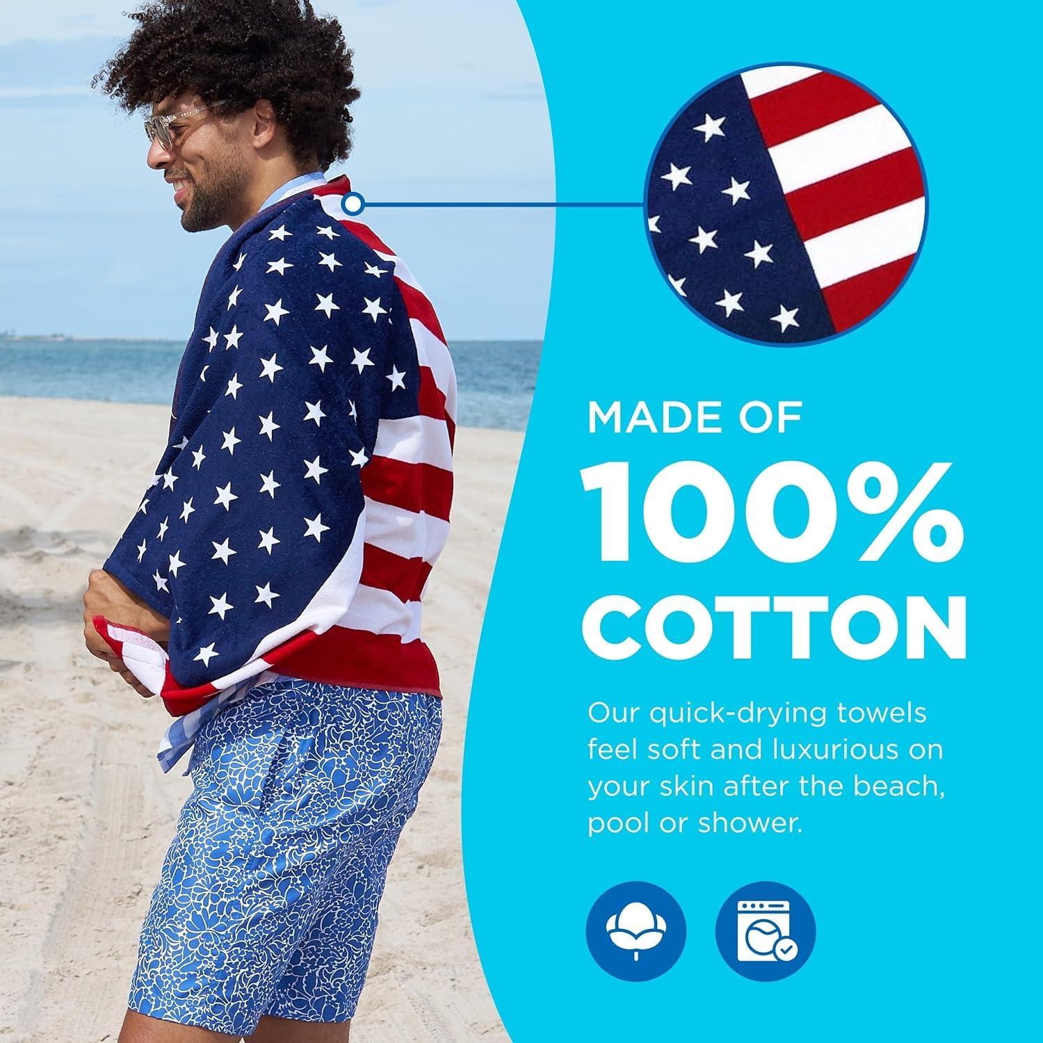 Kaufman - Printed Beach and Pool Towel Set, 100% Cotton, 30 inch x 60 inch (American Flag/100 Dollar Bill)