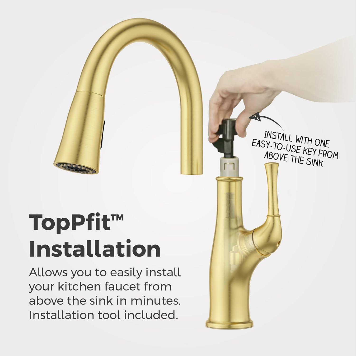 Alderwood Brushed Gold High-Arc Kitchen Faucet with Pull-Out Spray