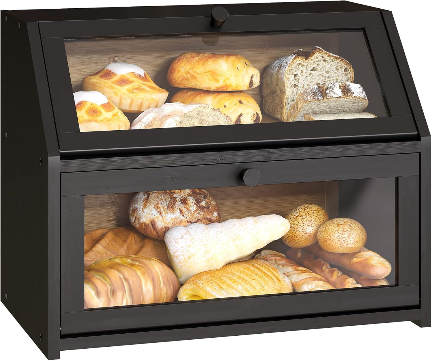 Black Bread Box For Kitchen Counter, Large Bread Storage Container, Double Layer Bamboo Wooden Large Capacity Bread Storage Bin