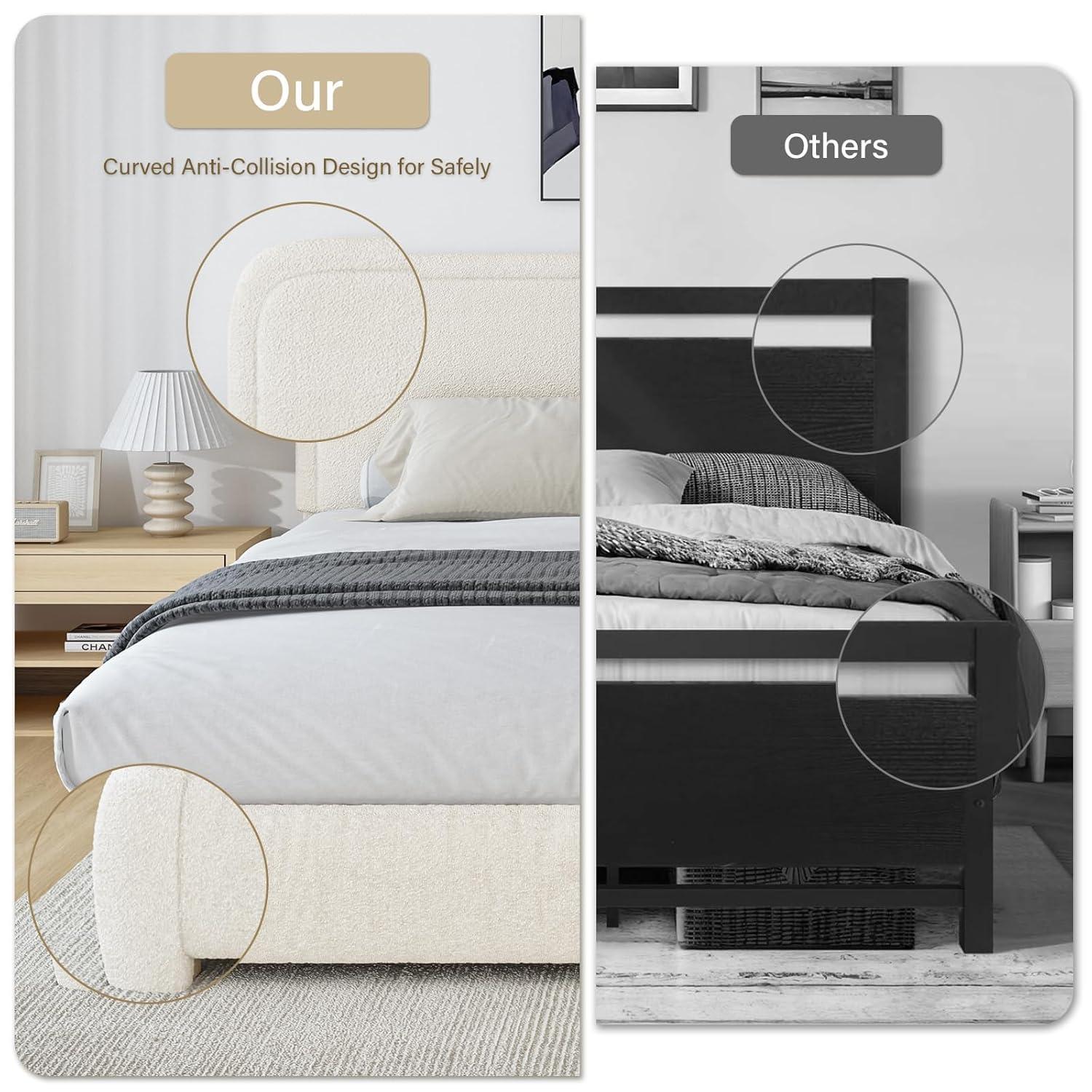 Manfred Boucle Upholstered Cloud Bed Frame with Rounded Corners Headboard, Soft Platform Bed Frame with Thickened Footboard