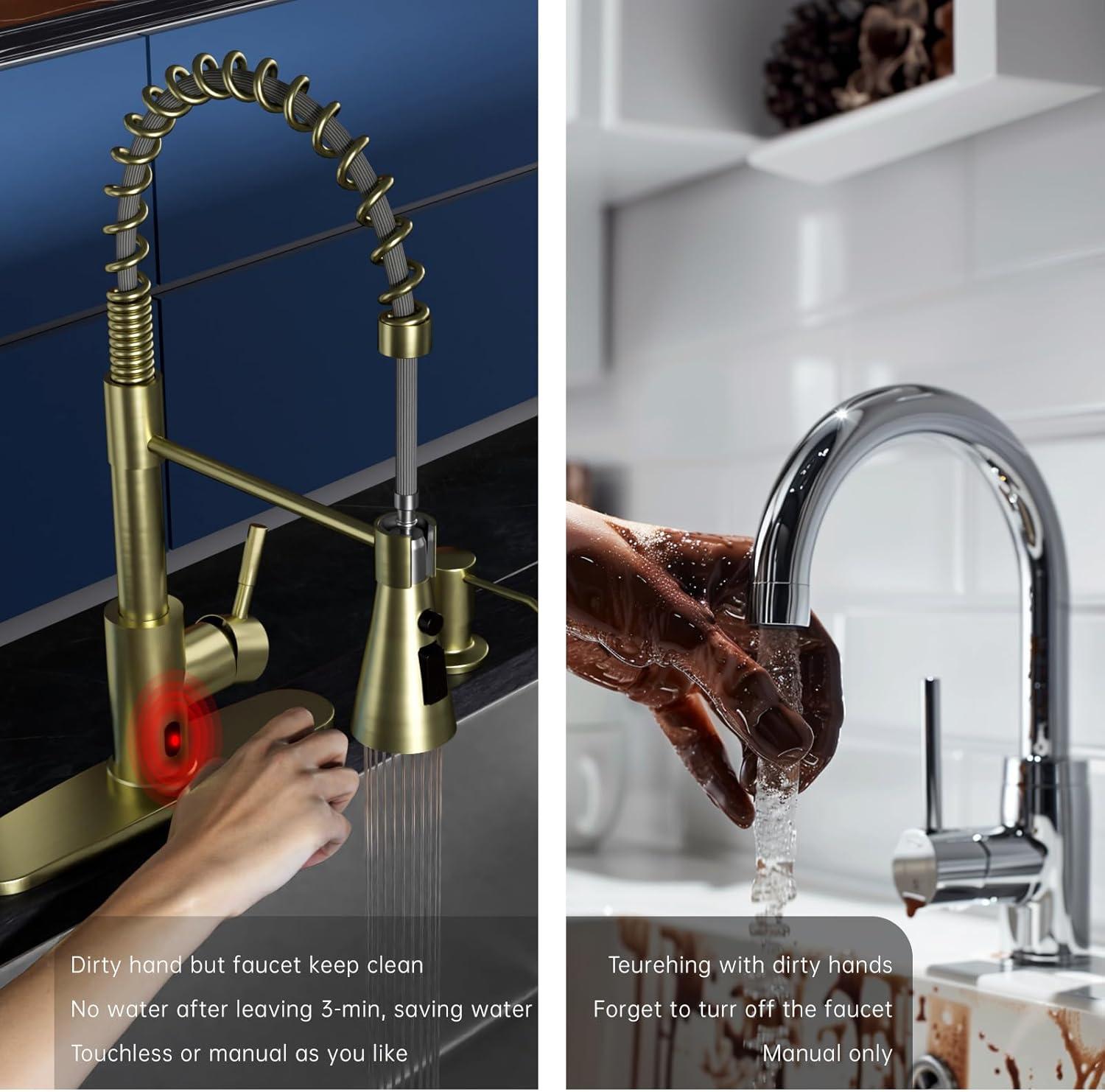 Brushed Gold Touchless Kitchen Faucet with Pull-out Spray