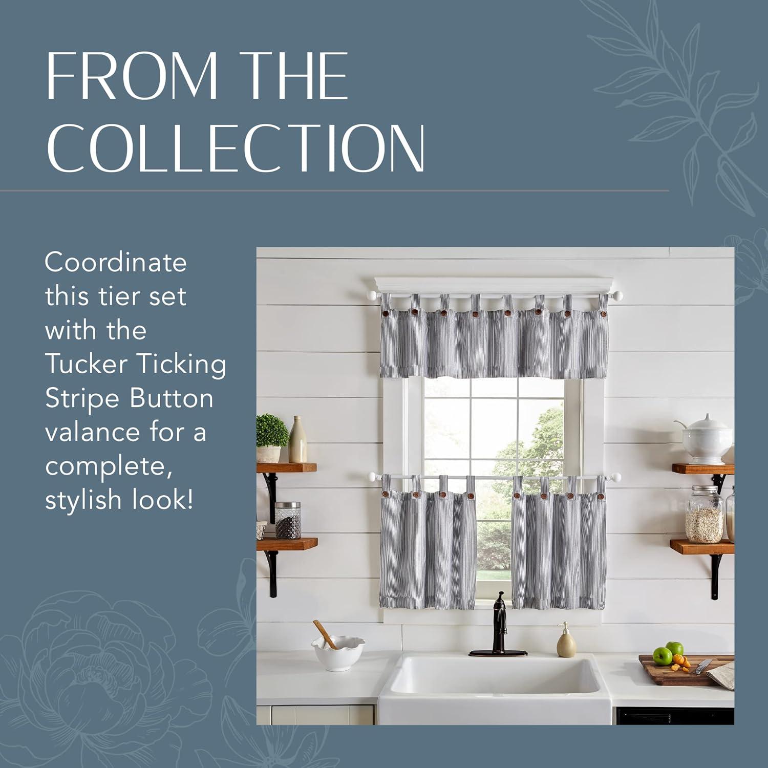 Elrene Tucker Ticking Stripe Kitchen Curtain Tier Set Black 30"w x 24"l