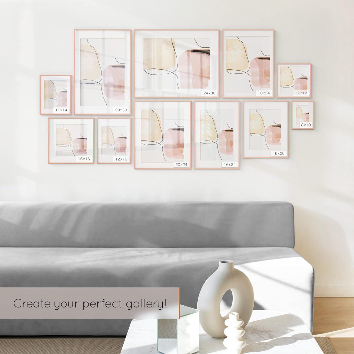 Homeforia 12x16 Rose Gold Picture Frame, High End Metal 12x16 Poster Frames with Mat 9x12 Photo, 12 x 16 Rose Gold Frames Matted to 9 by 12 Print, 16x12 Thin Frames, Tempered Glass, Wall Kit, Set of 1