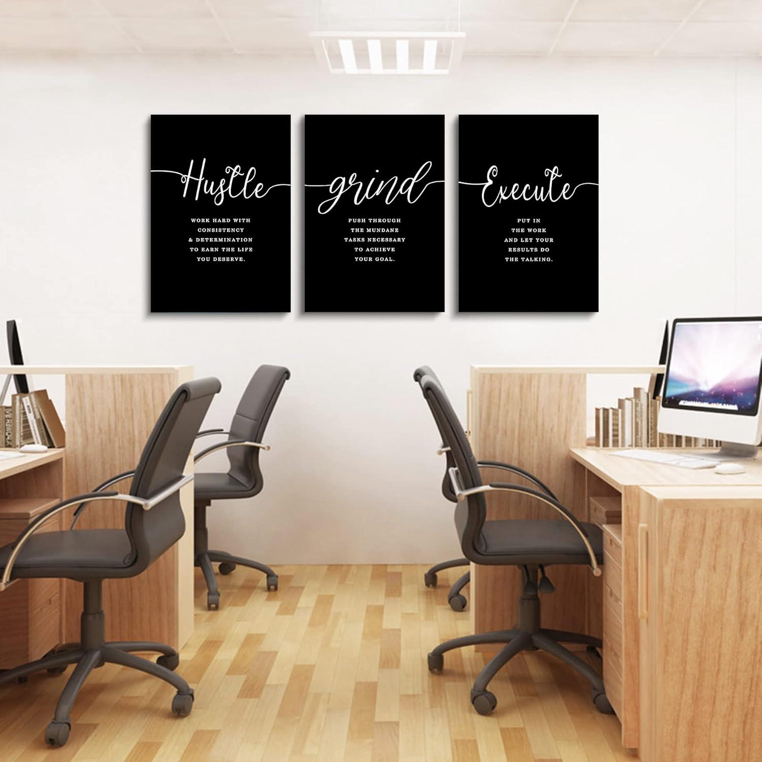 Office Decor - Hustle Quotes Execute Prints, Framed Canvas Wall Art Grind Quote, Office Wall Art, Black Large Poster, Positive MotivationalPrints, Inspirational Print (F-3pcs,12x16inchx3pcs)