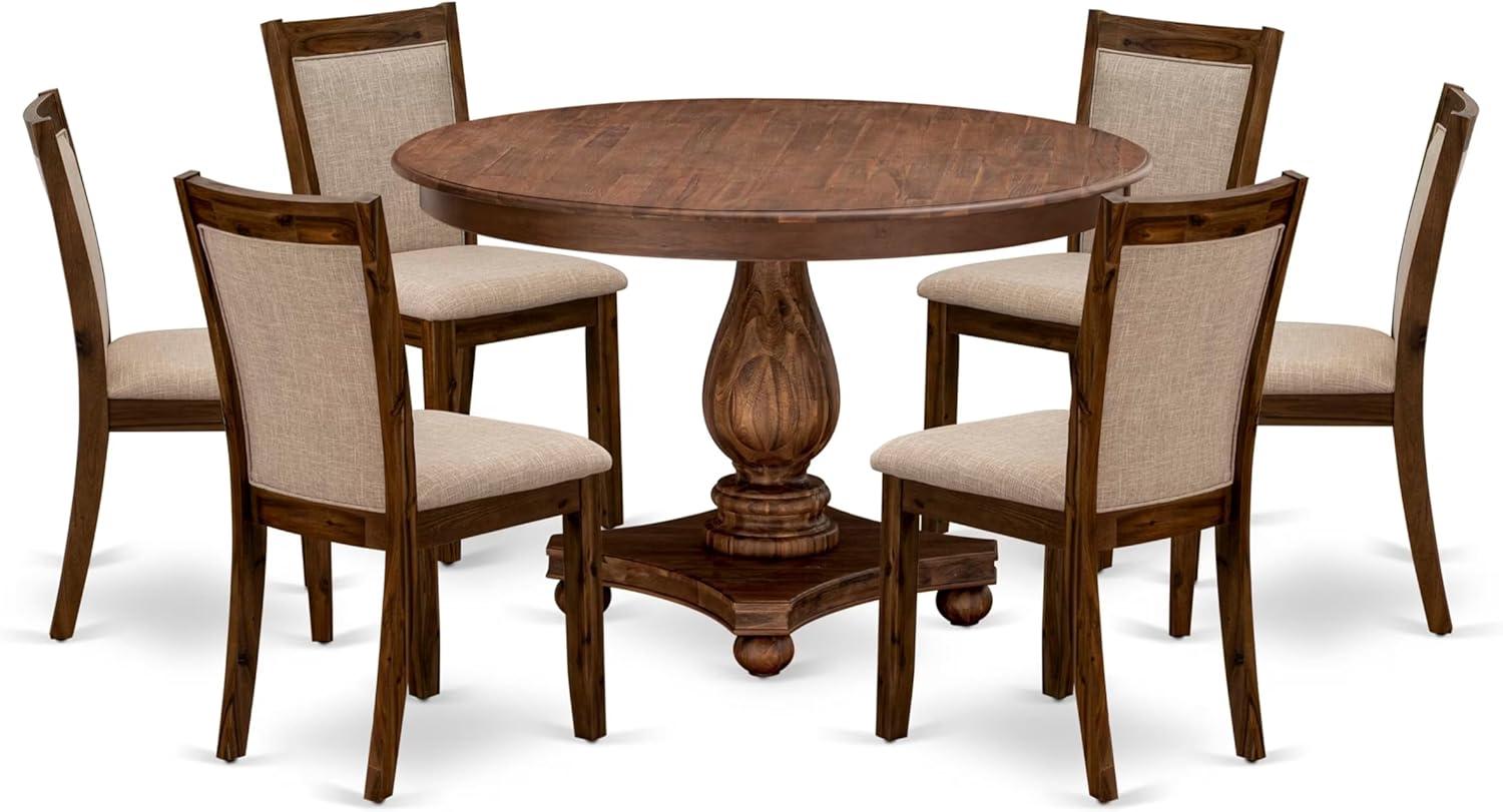 Antique Walnut 48" Round Pedestal Dining Table Set with 6 Light Tan Chairs