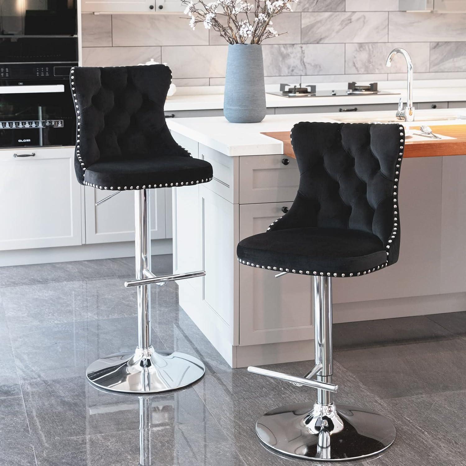 Swivel Barstools with High Back, 2pcs Velvet Bar Chairs with Button Tufted and Nailheads Trim, Counter Height Bar Stools for Home Bar Kitchen Island Cafe,Adjusatble Seat Height, Black+Silver