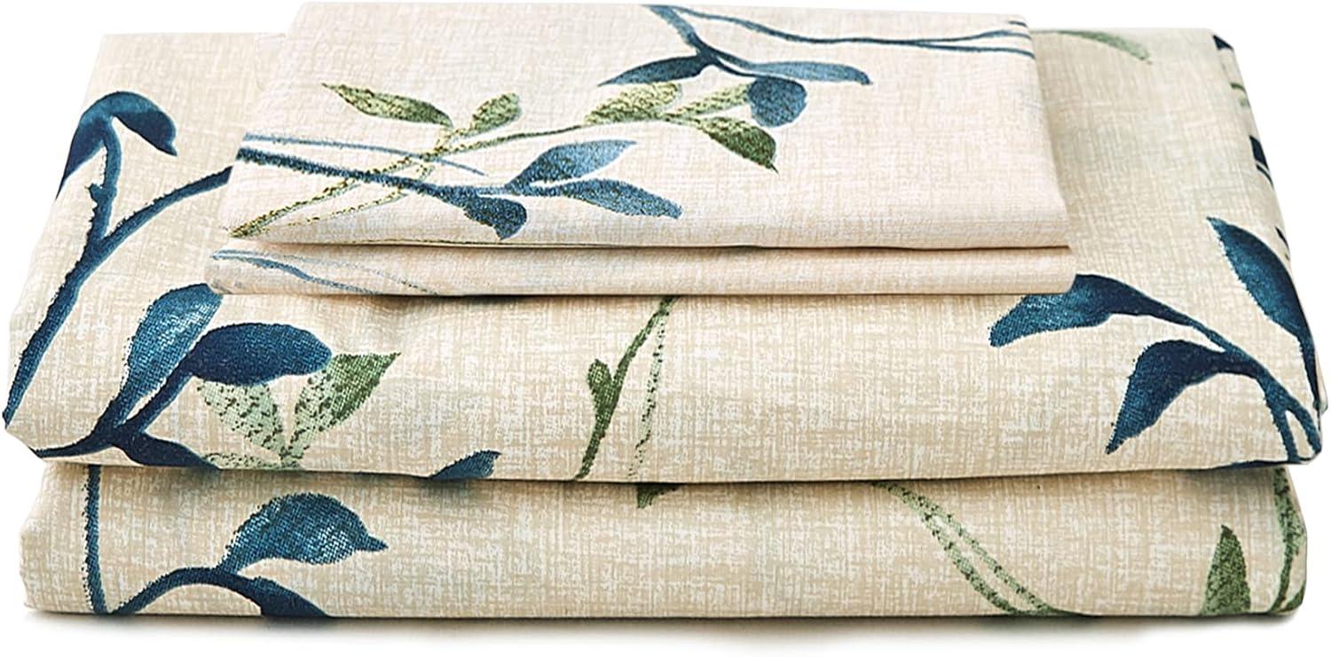 Queen Beige and Blue Botanical Print Microfiber Sheet Set