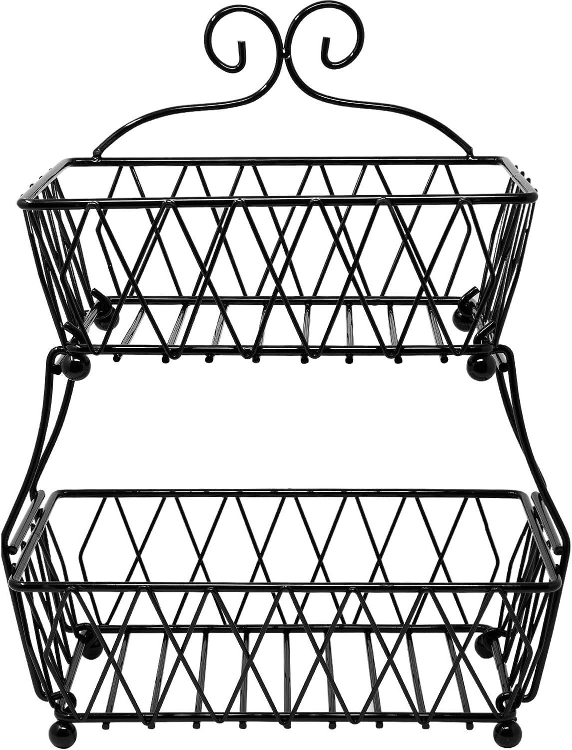 Black Metal 2-Tier Rectangular Fruit Basket Stand