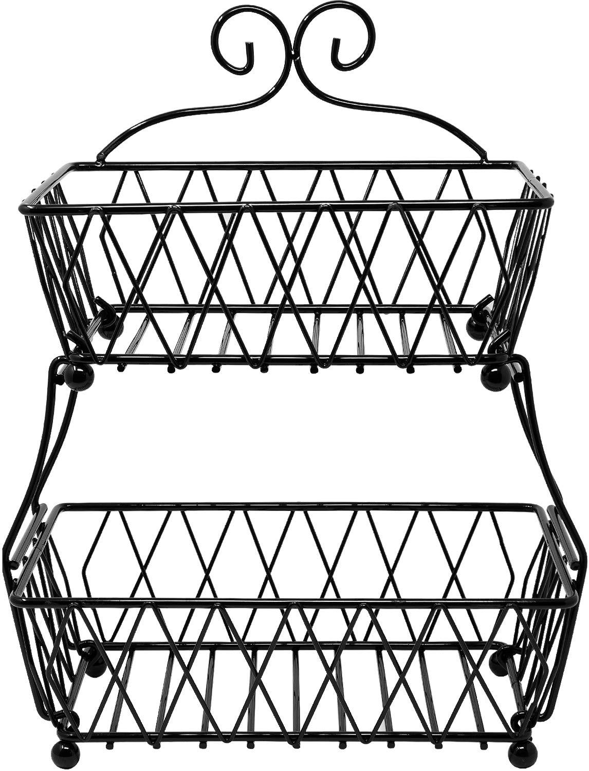 2-Tier Fruit Bread Basket Display Stand, Counter Storage for Kitchen, Bathroom, Rectangular Antique Metal