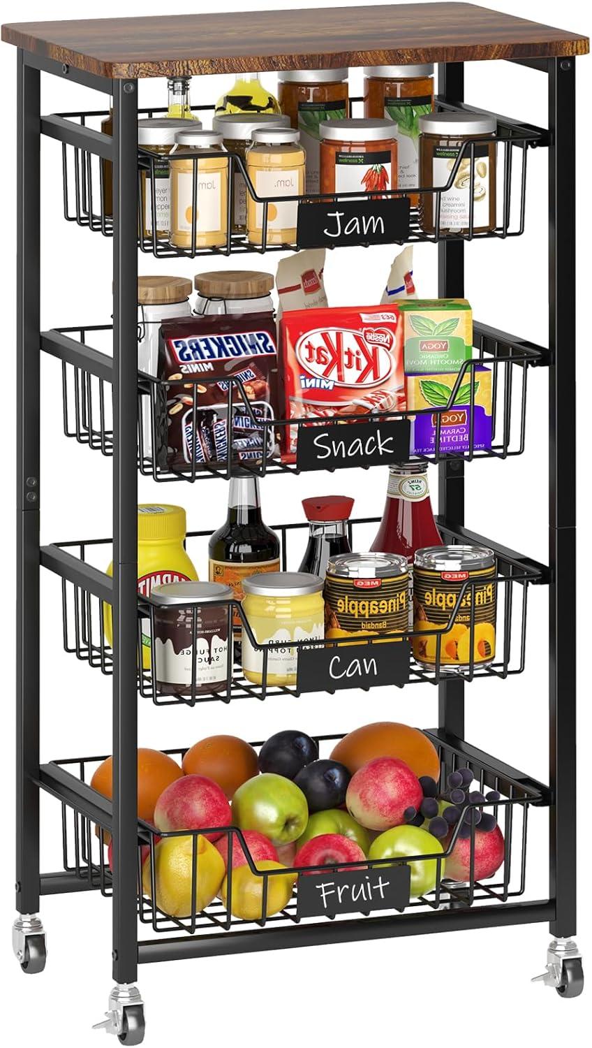 Fruit Basket for Kitchen, 5 Tier Large Wire Basket with Wood Top and Wheels, Kitchen Storage Cart for Fruit Vegetable Onions Potatoes Banana, Black