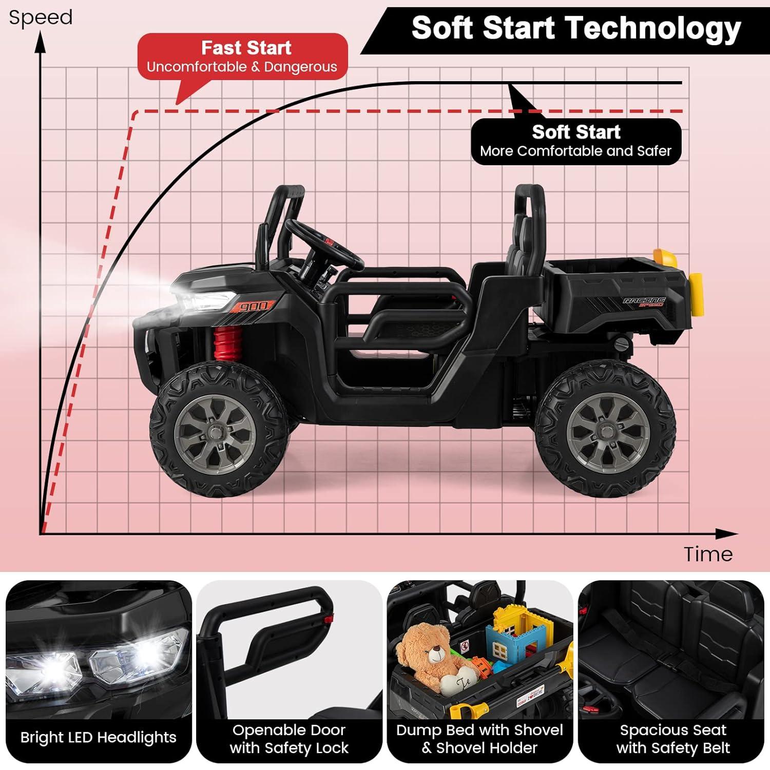 JOYRACER 24V 2 Seater Ride On Dump Truck with Remote Control , Electric UTV Car with Electric Dump Bed, 4WD Power Ride Cars W/6 Wheels Ride On Toys with Shovel Music Player