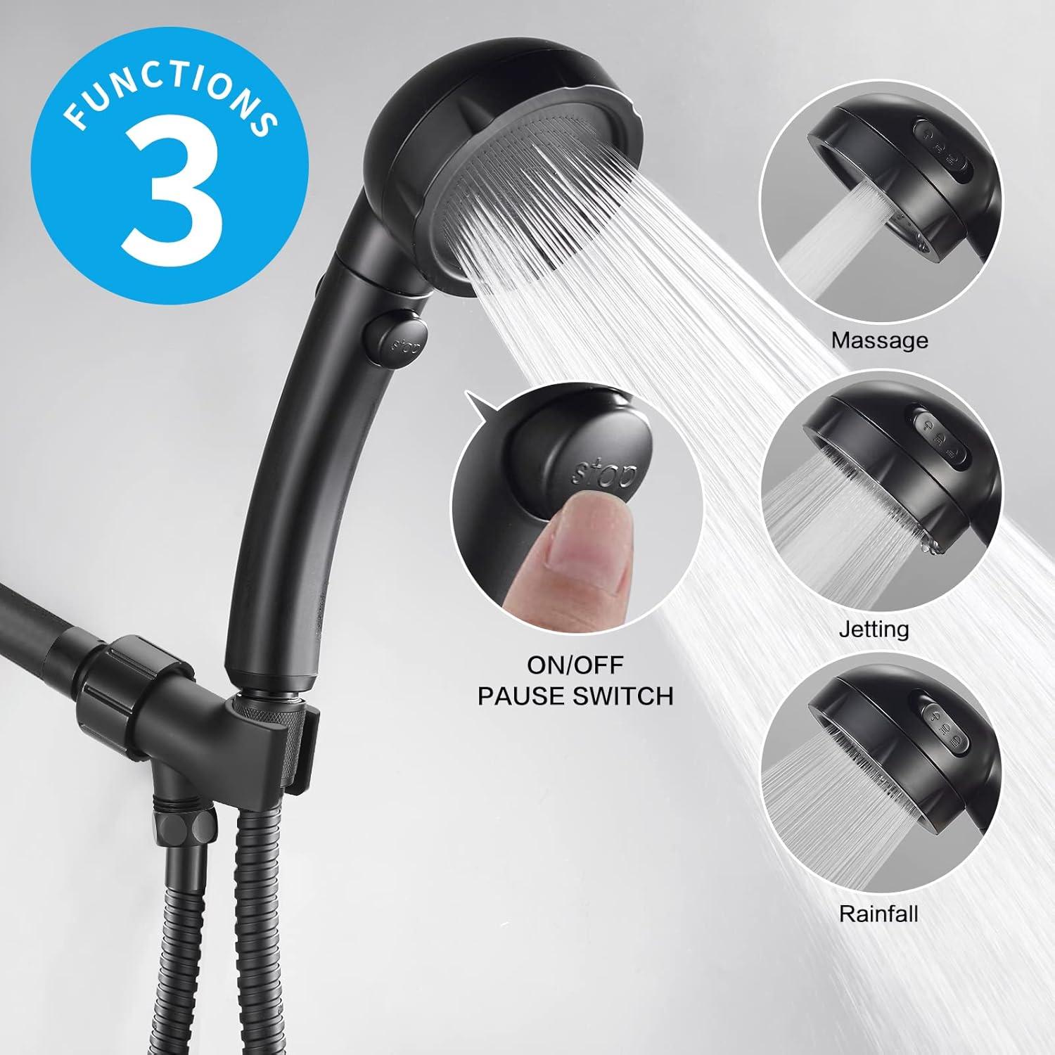 KAIYING Drill-Free High Pressure Handheld Shower Head with ONOFF Pause Switch 3 Spray Modes Water Saving Showerhead Detachable Puppy Shower Accessories (MShower Head (Chrome)+Bracket + Hose)