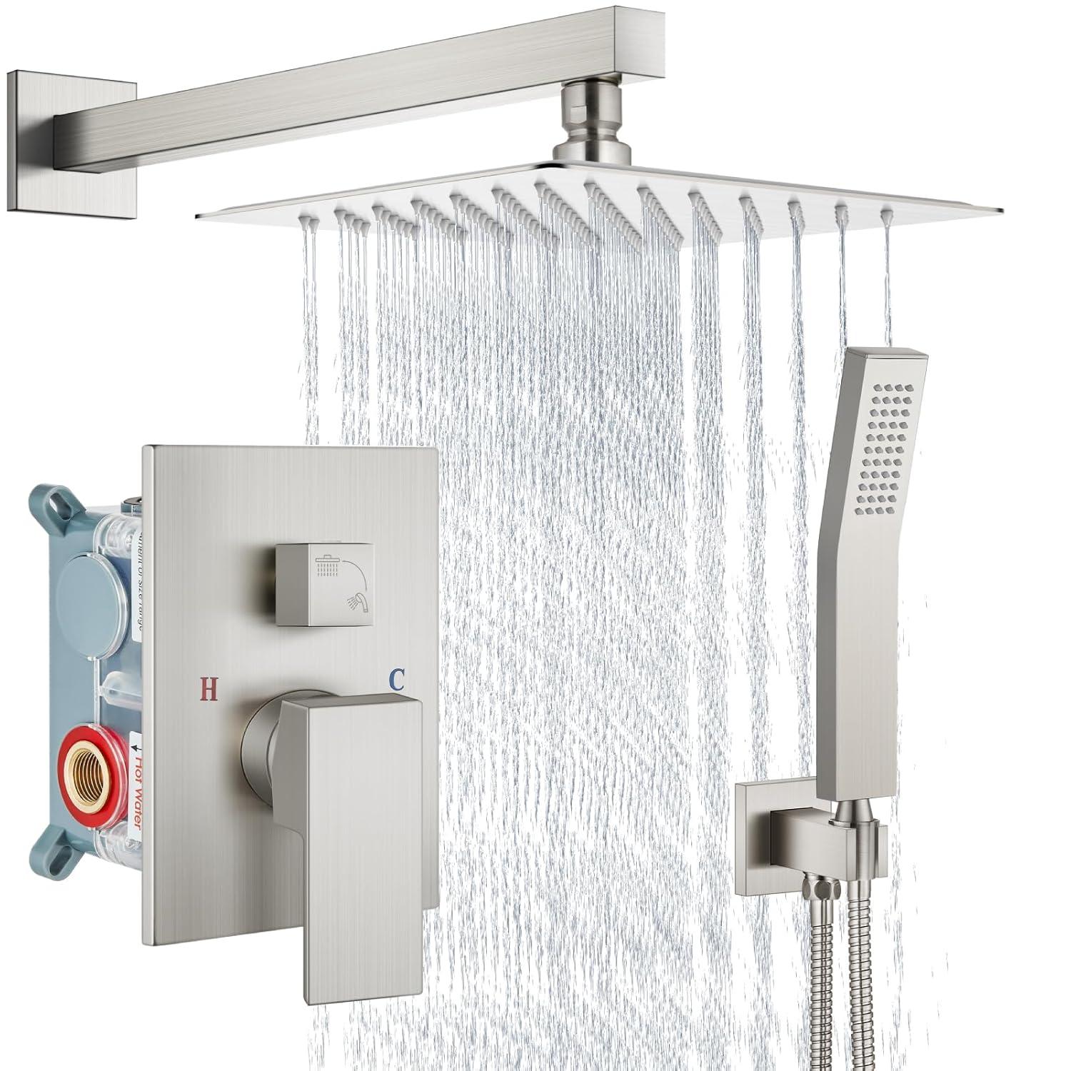 Aolemi Shower Faucet Set Rain Shower System with Handheld Spray Bathroom Shower Combo Rough-in Valve and Shower Trim Kit Included Brushed Nickel 8 Inch Wall Mount Shower Head