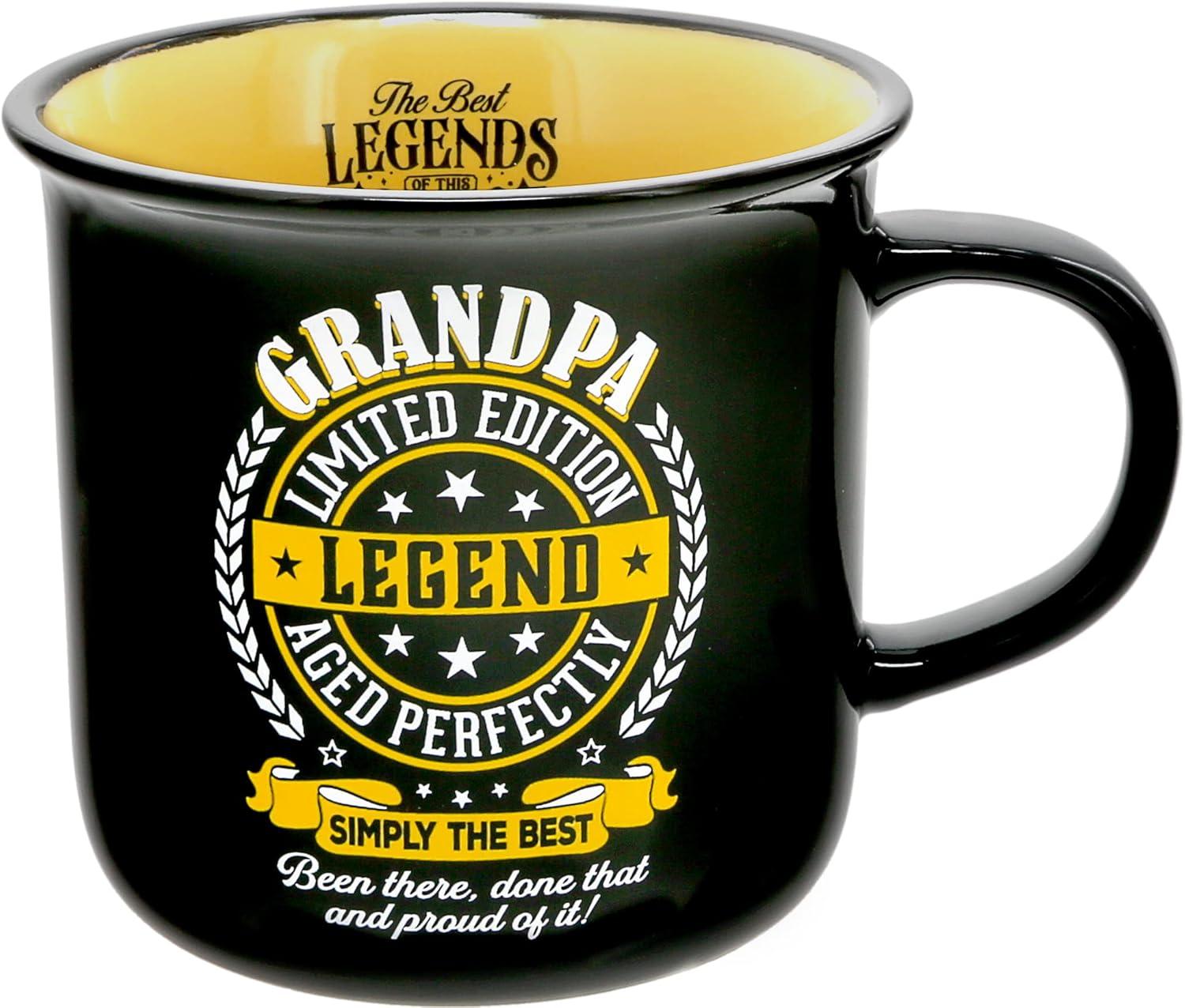 Pavilion Gift Company - Grandpa Limited Edition Legend - Ceramic 13-ounce Campfire Mug, Double Sided Coffee Cup, Fathers Day Gift, 1 Count (Pack of 1), 3.75” x 5” x 3.5”, Black/Yellow