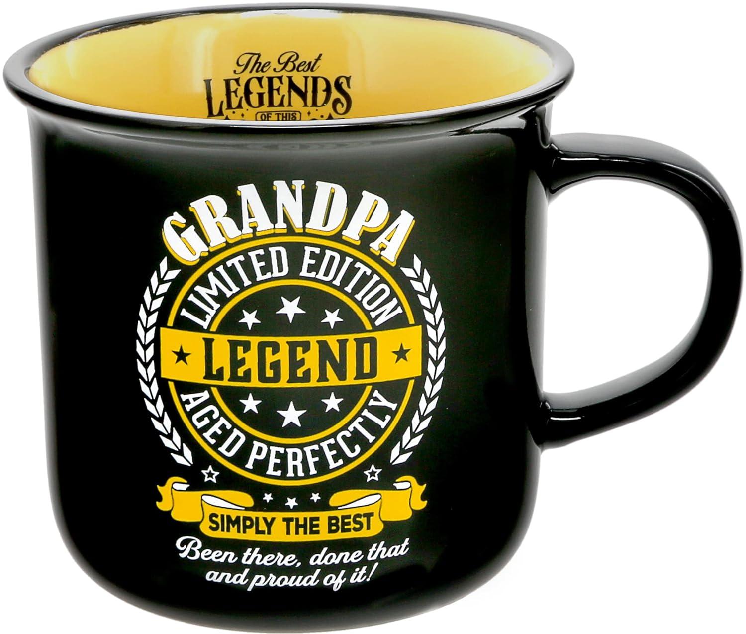 Pavilion Gift Company - Grandpa Limited Edition Legend - Ceramic 13-ounce Campfire Mug, Double Sided Coffee Cup, Fathers Day Gift, 1 Count (Pack of 1), 3.75” x 5” x 3.5”, Black/Yellow