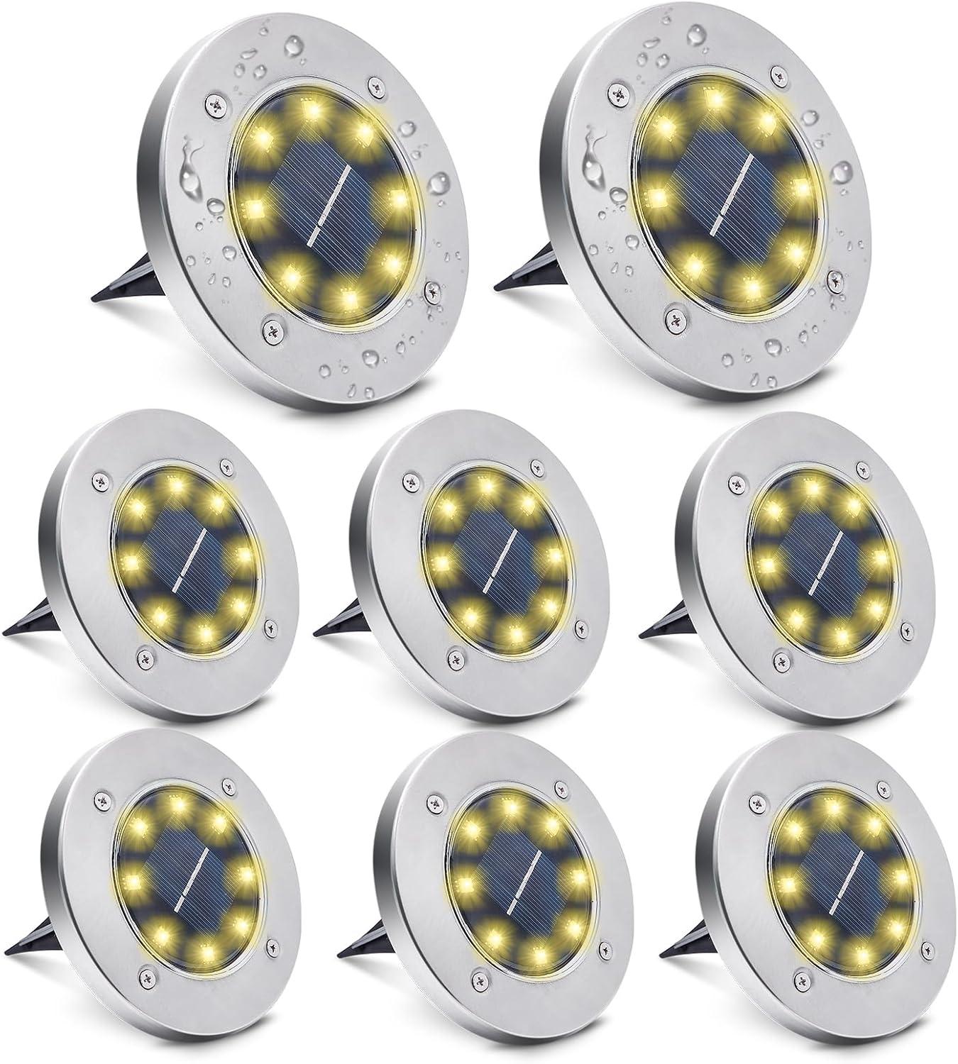 8 Pack Solar Ground Lights, 8 LED Waterproof In-Ground Lights Outdoor Landscape Lighting for Lawn, Garden, Patio, Pathway, Yard, Deck, Driveway, Walkway (Warm White)