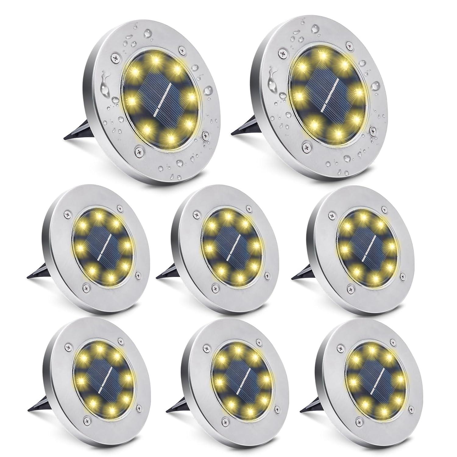 8 Pack Solar Ground Lights, 8 LED Waterproof In-Ground Lights Outdoor Landscape Lighting for Lawn, Garden, Patio, Pathway, Yard, Deck, Driveway, Walkway (Warm White)