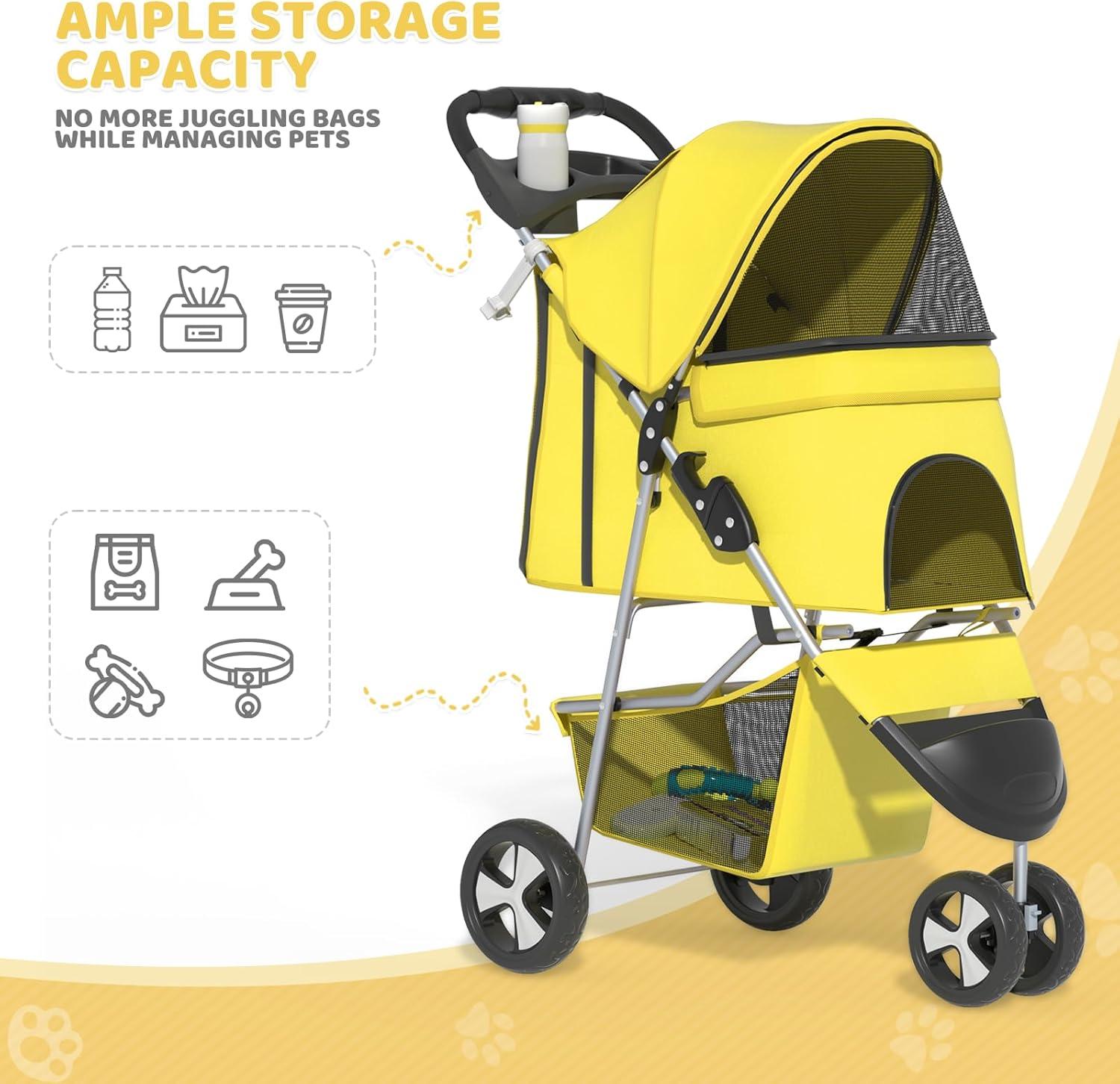 Zengpin 3-Wheel Pet Stroller, Foldable Travel Jogger for Small & Medium Dogs & Cats (Up to 33lbs), Lightweight Carrier with Breathable Mesh Cover, Cup Holder & Storage Basket, Yellow