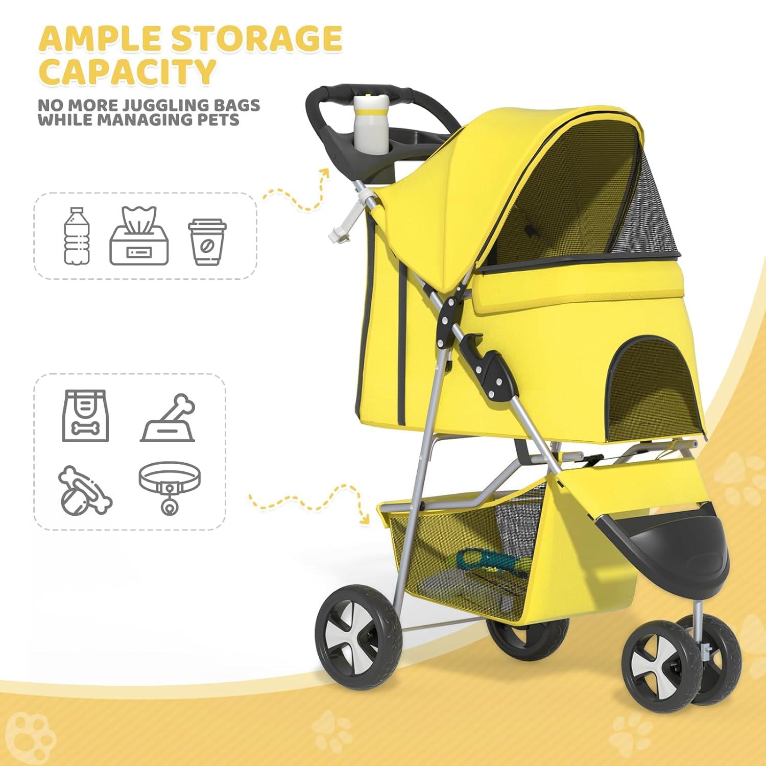 Zengpin 3-Wheel Pet Stroller, Foldable Travel Jogger for Small & Medium Dogs & Cats (Up to 33lbs), Lightweight Carrier with Breathable Mesh Cover, Cup Holder & Storage Basket, Yellow