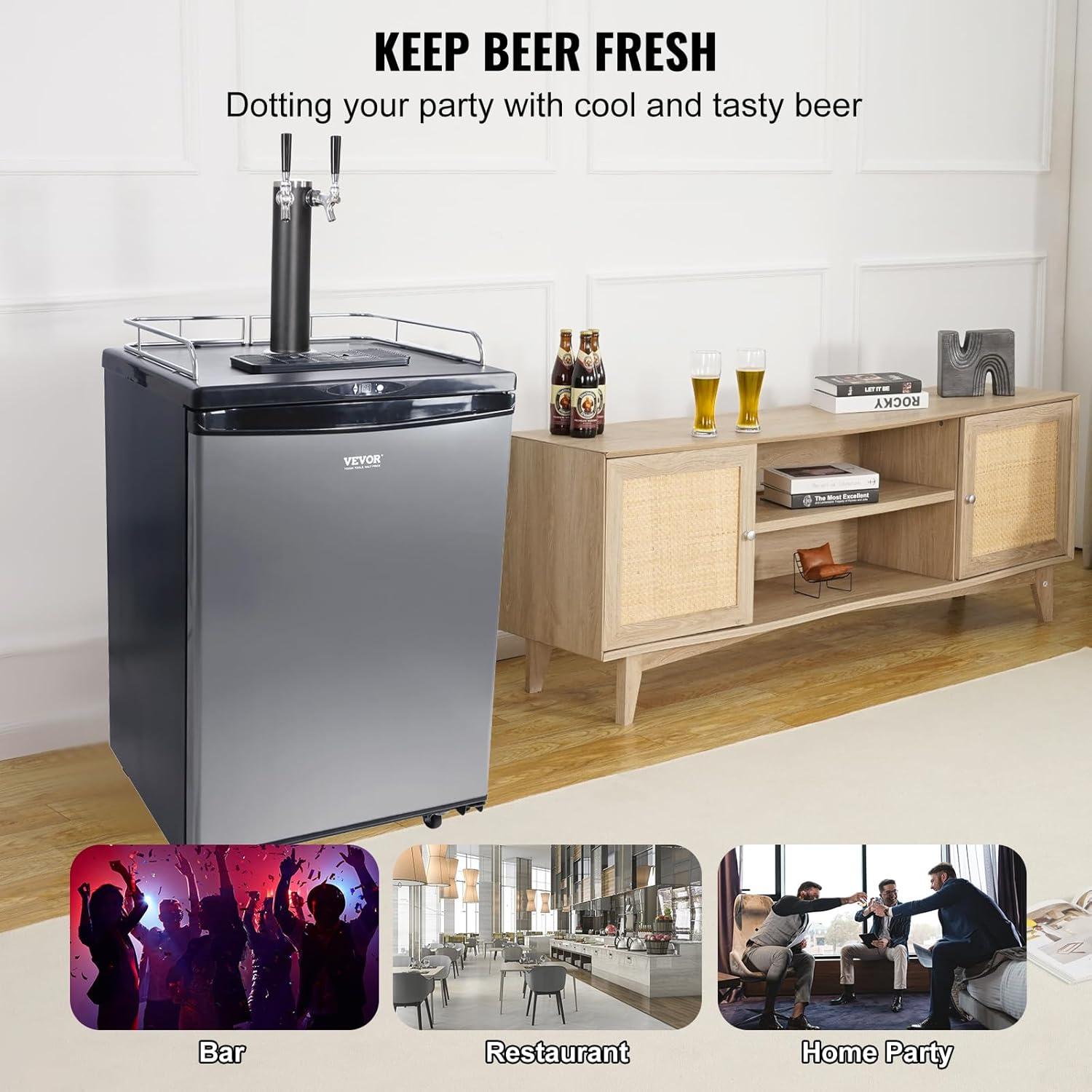 VEVOR VEVOR 5.7 Cubic Feet Silver Dual Tap Freestanding Kegerator with Adjustable Temperature