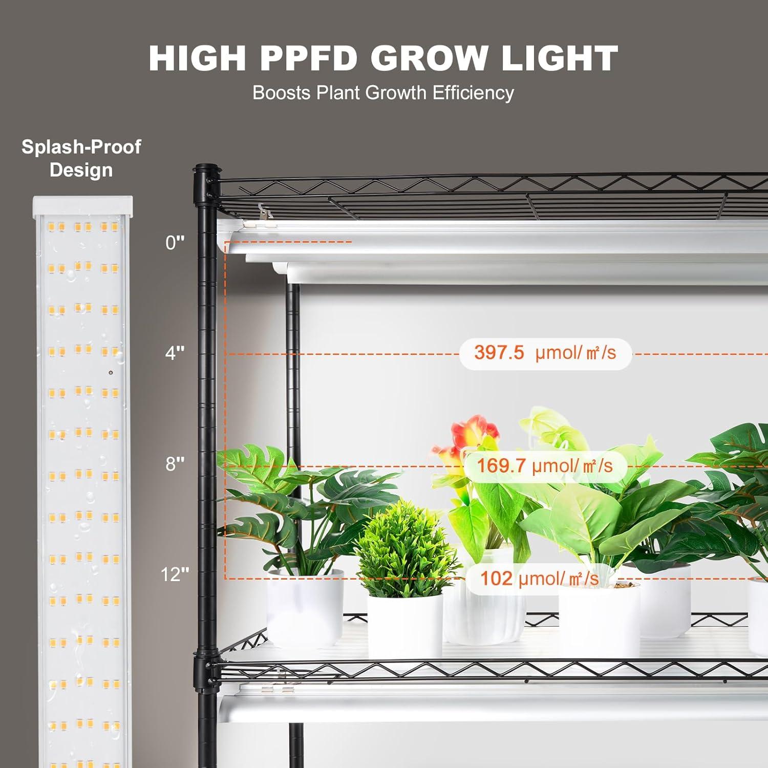 Black Metal 6-Tier Plant Stand with Grow Lights and Wheels