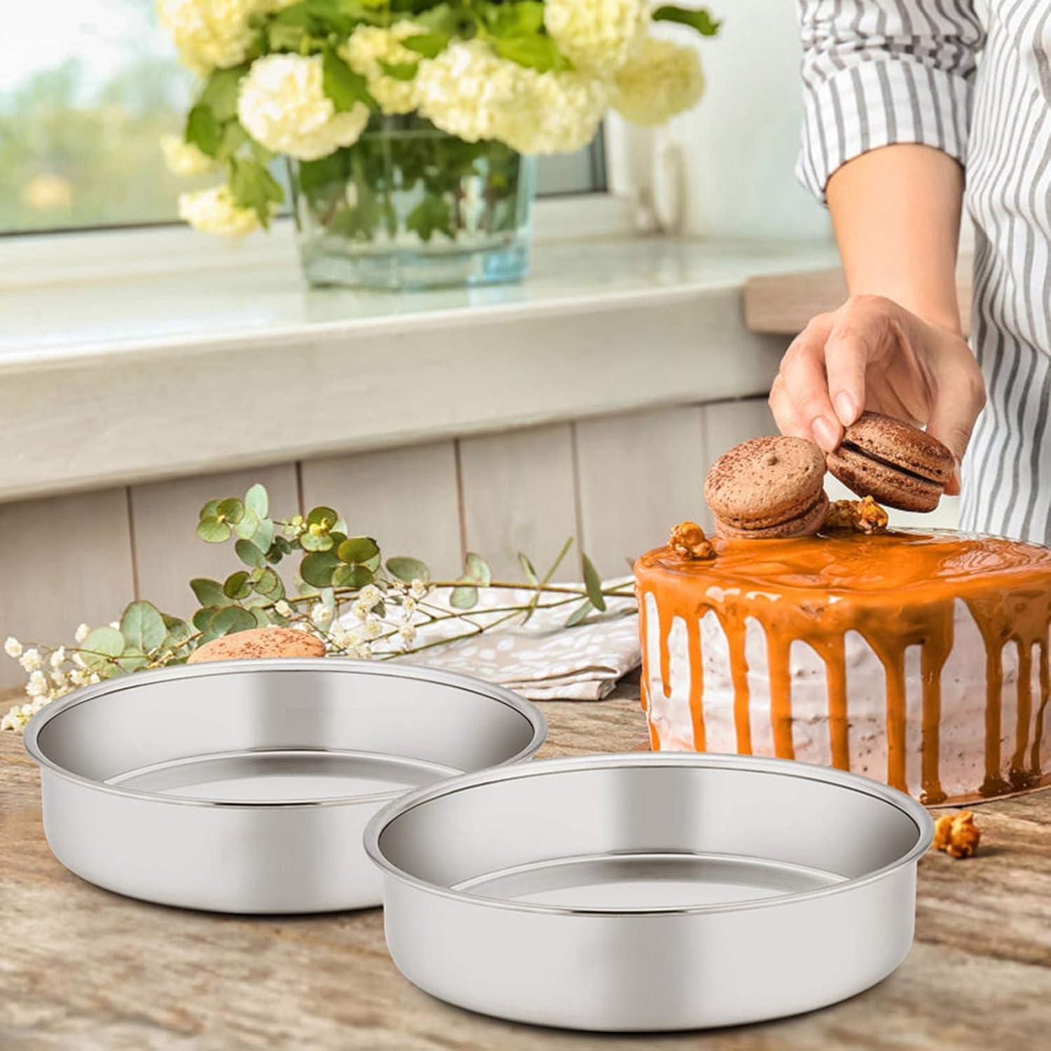 8 inch Cake Pan Set of 3, VeSteel Stainless Steel Round Layer Cake Baking Pans, Non-Toxic & Healthy, Mirror Finish & Dishwasher Safe