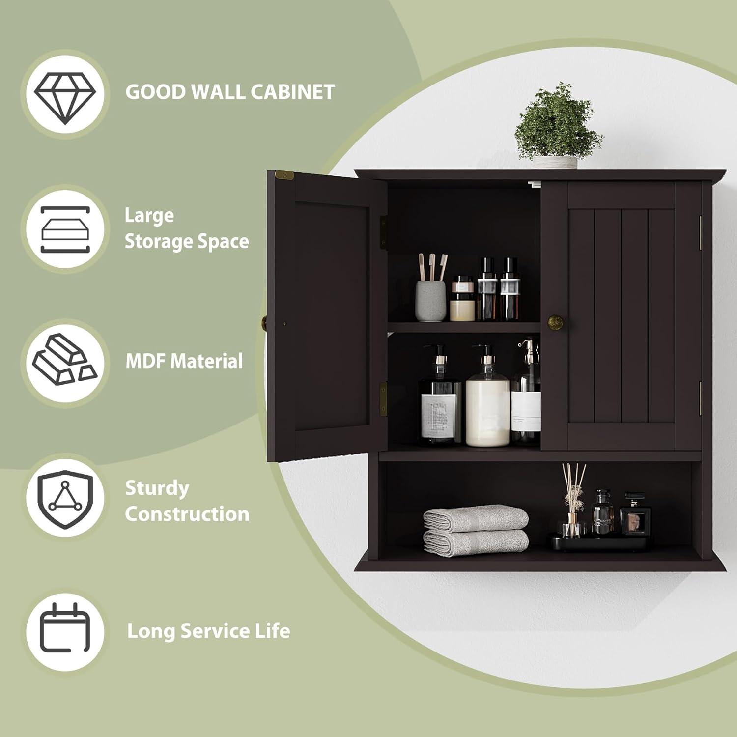 Semiocthome Bathroom Medicine Cabinet Wood 2 Doors Wall Cabinet over the Toilet Storage in Brown