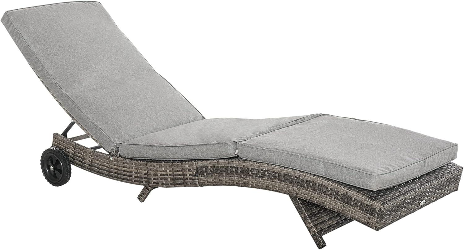 Outsunny Patio Wicker Chaise Lounge Chair, Outdoor PE Rattan Sun lounger w/ 5-Level Adjustable Backrest & 2 Wheels for Easy Movement, Mixed Gray