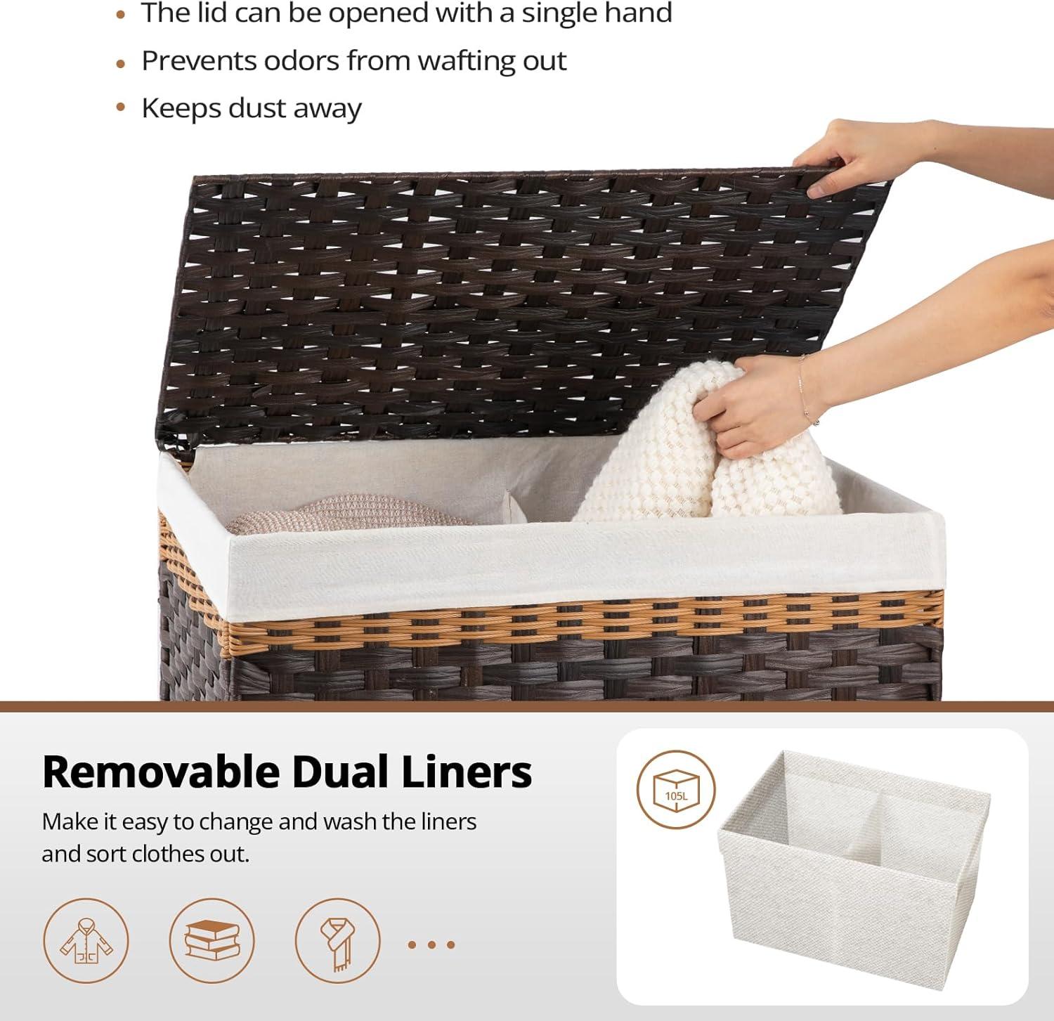 SONGMICS Storage Basket with Lid, 27.7 Gallon (105L) Storage Bin, Woven Blanket Storage Basket with Handles, Foldable, Removable Liner, Metal Frame