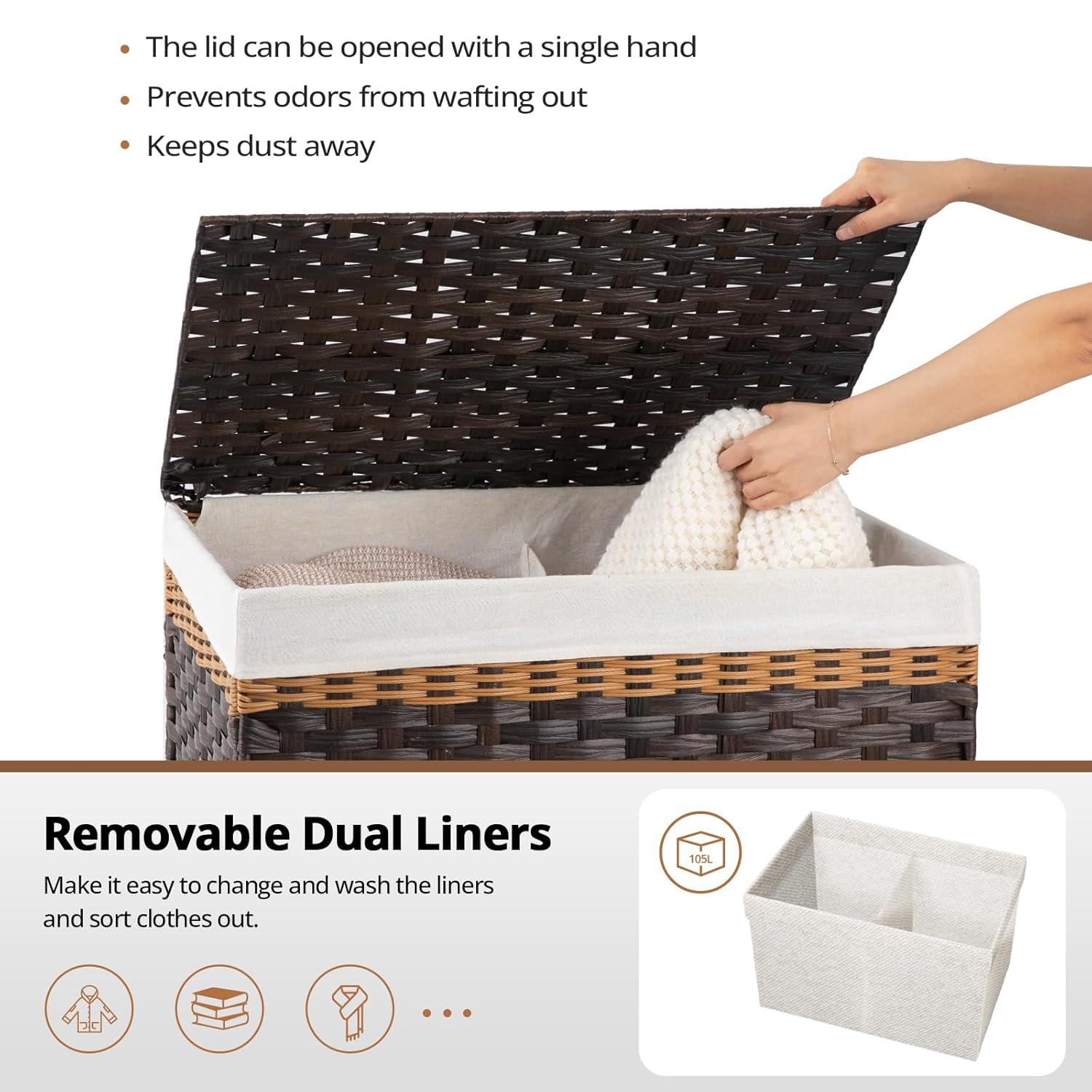 SONGMICS Storage Basket with Lid, 27.7 Gallon (105L) Storage Bin, Woven Blanket Storage Basket with Handles, Foldable, Removable Liner Brown