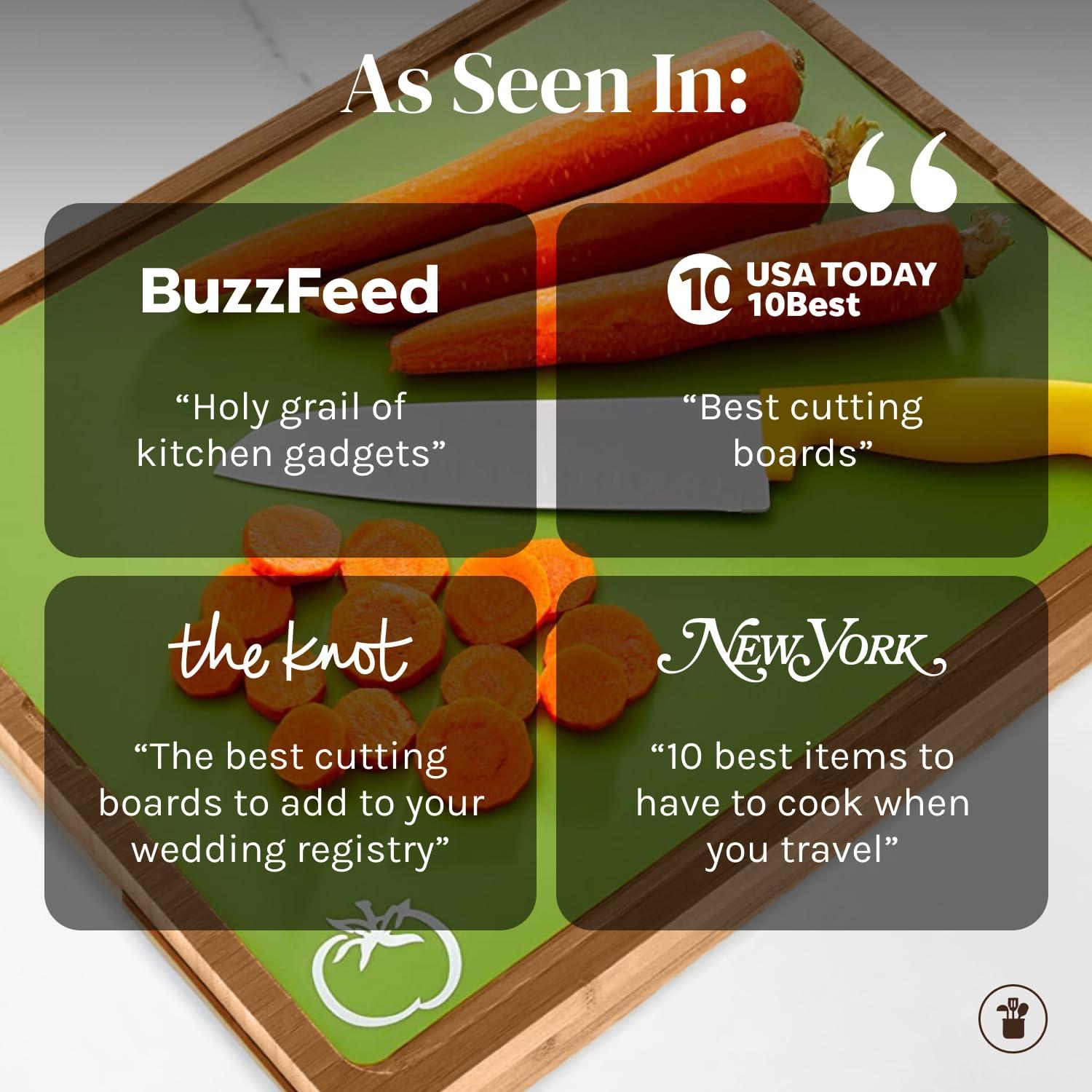 Tabla de Cortar de Madera de Bambú Fácil de Limpiar con Juego de 6 Tapetes de Corte Flexibles Codificados por Colores con Iconos de Comida - Juego de Tabla de Cortar