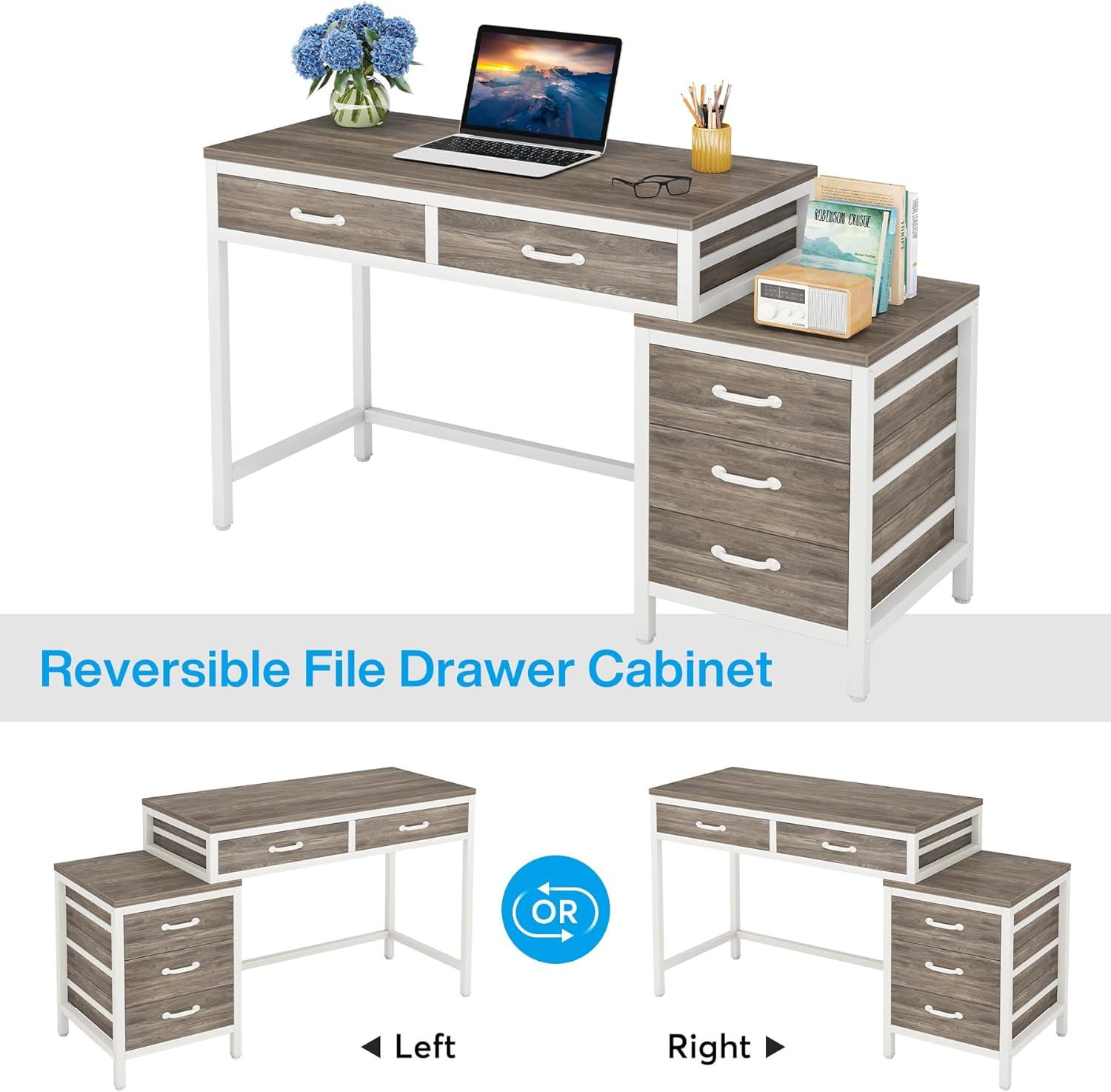 5-Drawer Computer Desk, Study Writing Table with Reversible Drawer Cabinet Gray & White