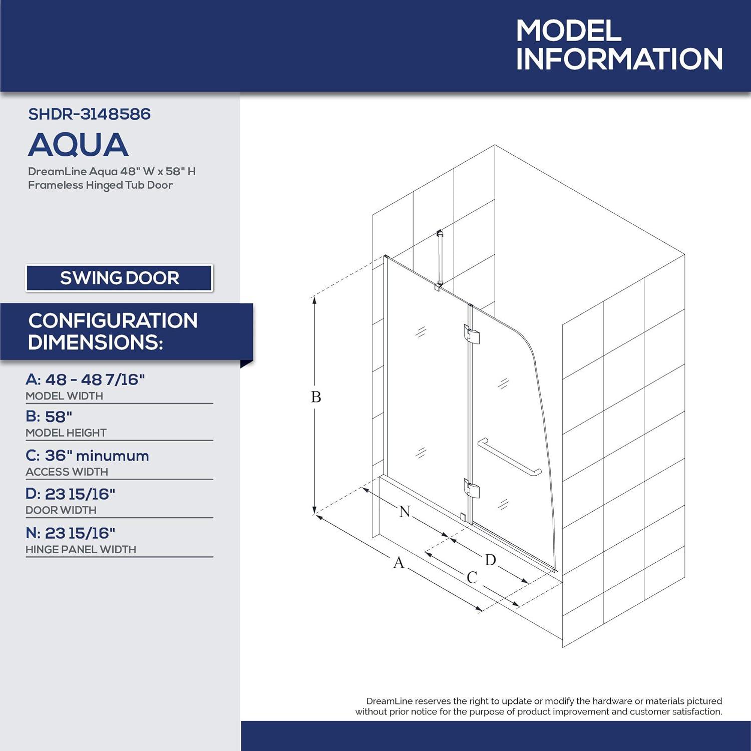 Aqua 48" x 58" Frameless Clear Glass Hinged Tub Door