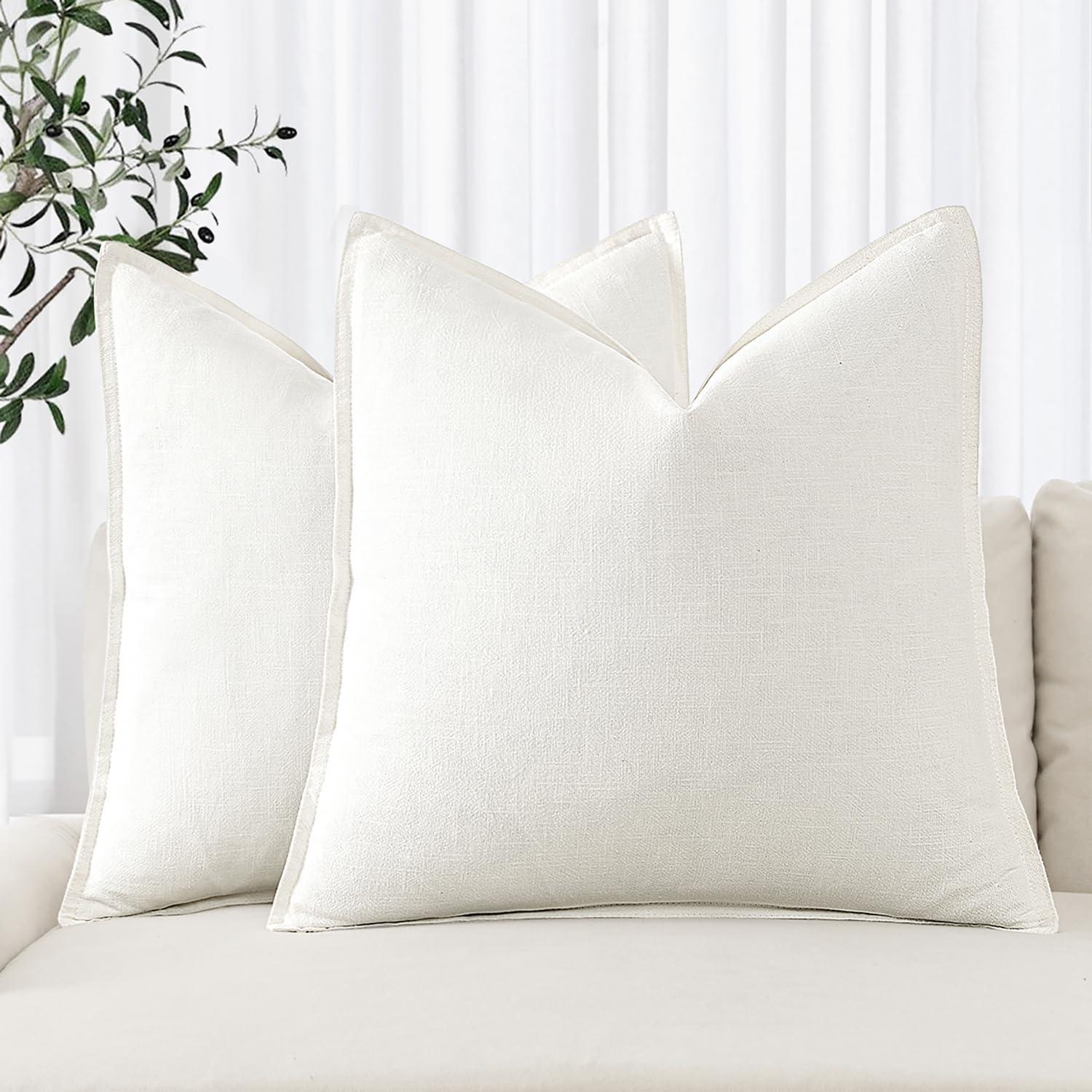 Cream White Linen and Cotton 22x22 Inch Pillow Covers, Pack of 2