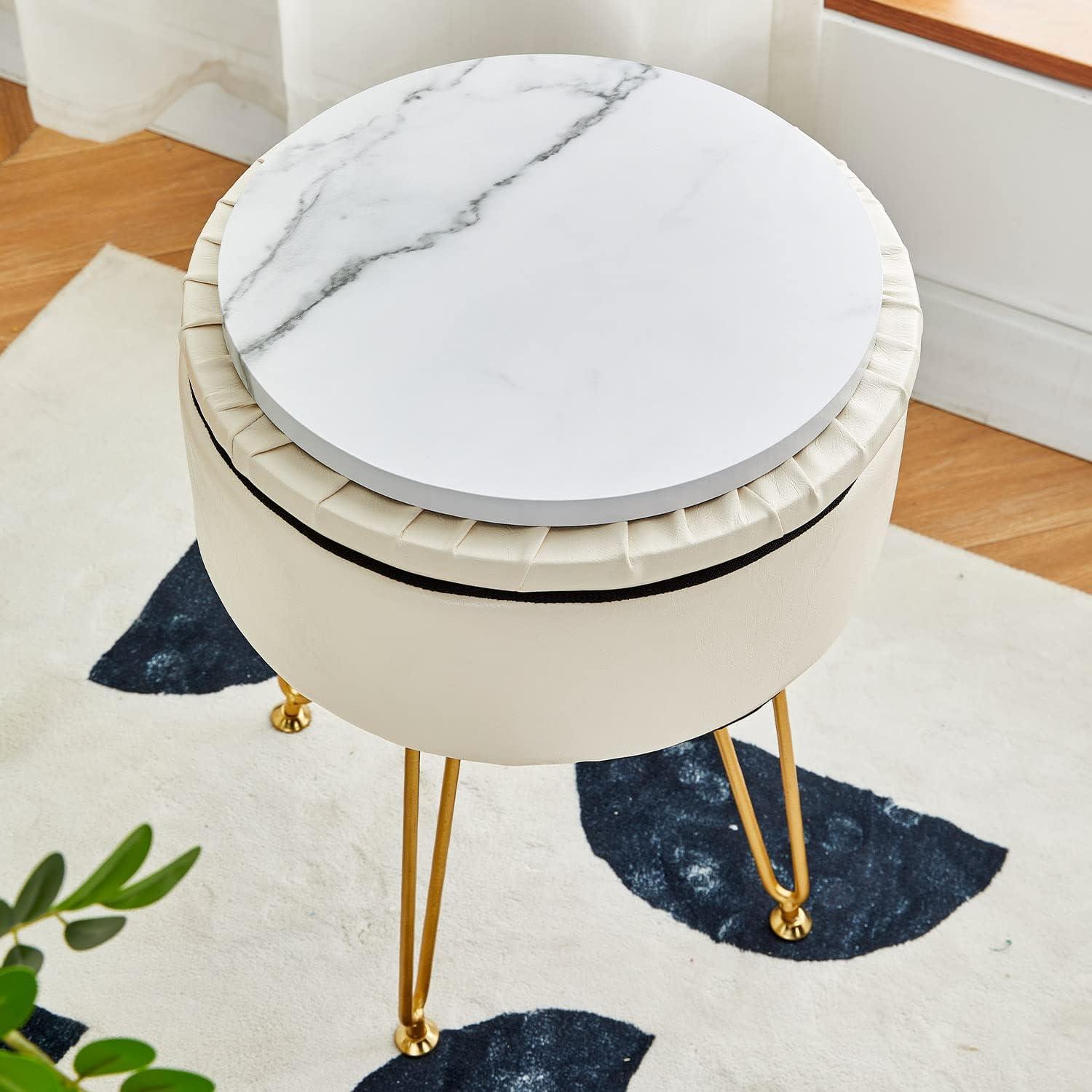 White Faux Leather Round Storage Ottoman with Gold Metal Legs