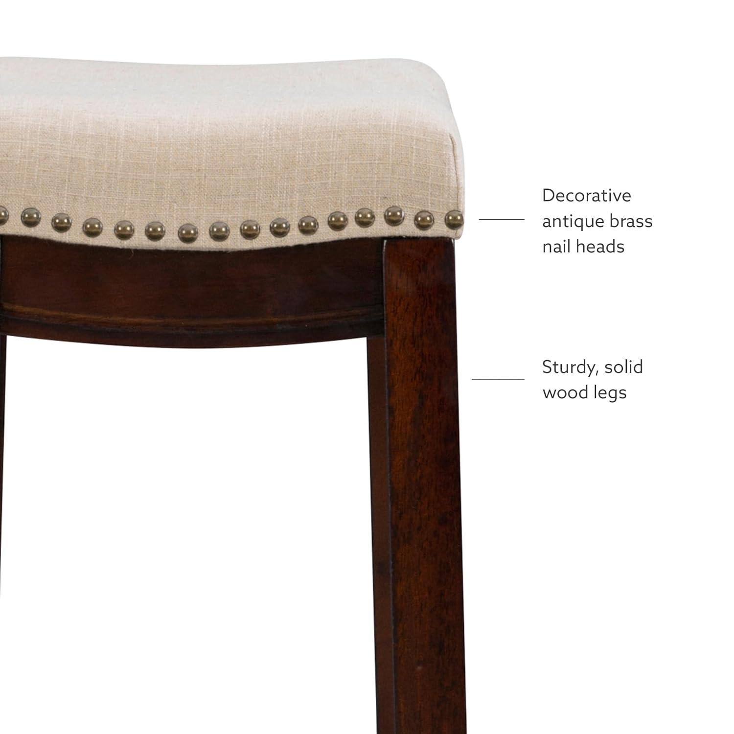 Linon Claridge Backless Nailhead Saddle Barstool Linen: Upholstered, Rubberwood Legs, Fixed Height 32.25"