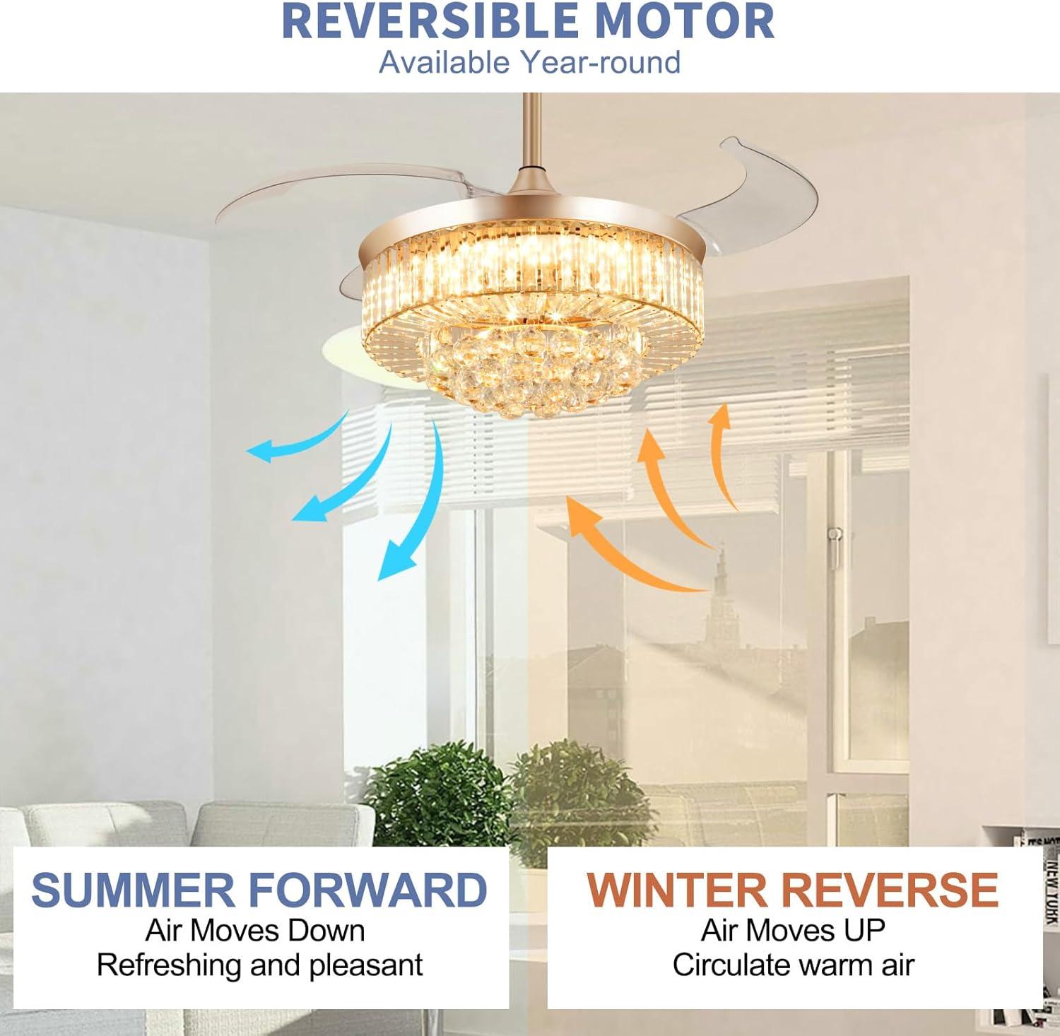 HOOMEDELIER 42" Chandelier Ceiling Fan with Remote, Crystal Beads Framed Fan with 4 Retractable Blades Smart Indoor Fandelier Fan