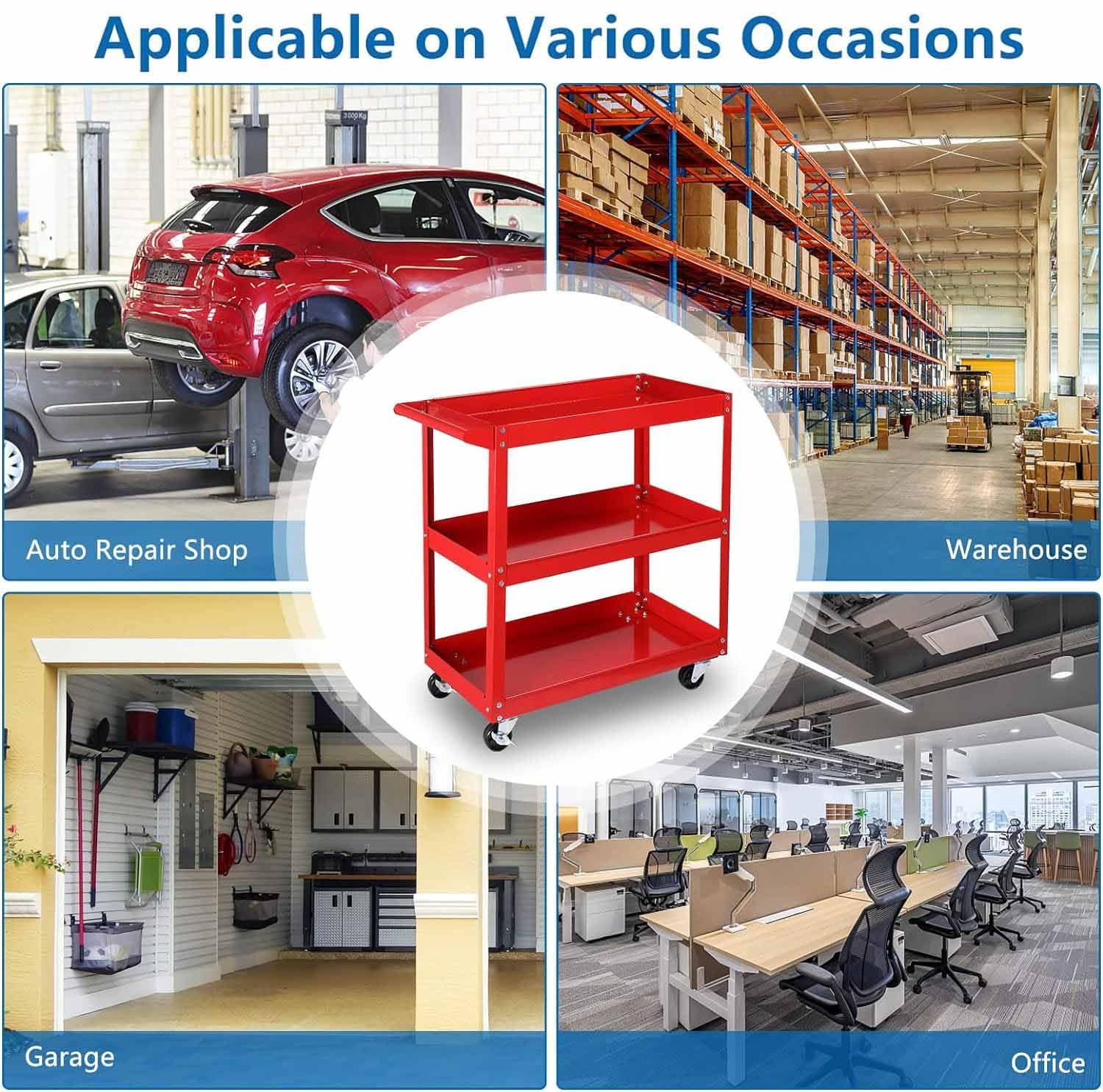 3-Tier Utility Cart,3 Shelves Rolling Carts with Brake Wheels,450lbs Load Capacity,Heavy Duty Mechanic Storage Cart Utility Cart for Garage Warehouse Workshop (Red)