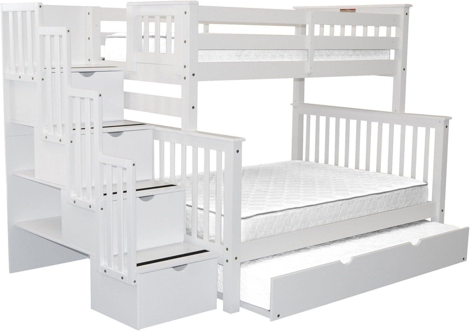 Bedz King Stairway Bunk Beds Twin over Full with 4 Drawers in the Steps and a Twin Trundle, White