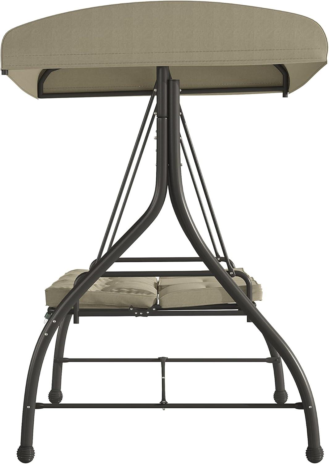 Flash Furniture 3-Seat Outdoor Steel Converting Patio Swing Canopy Hammock with Cushions / Outdoor Swing Bed (Tan)