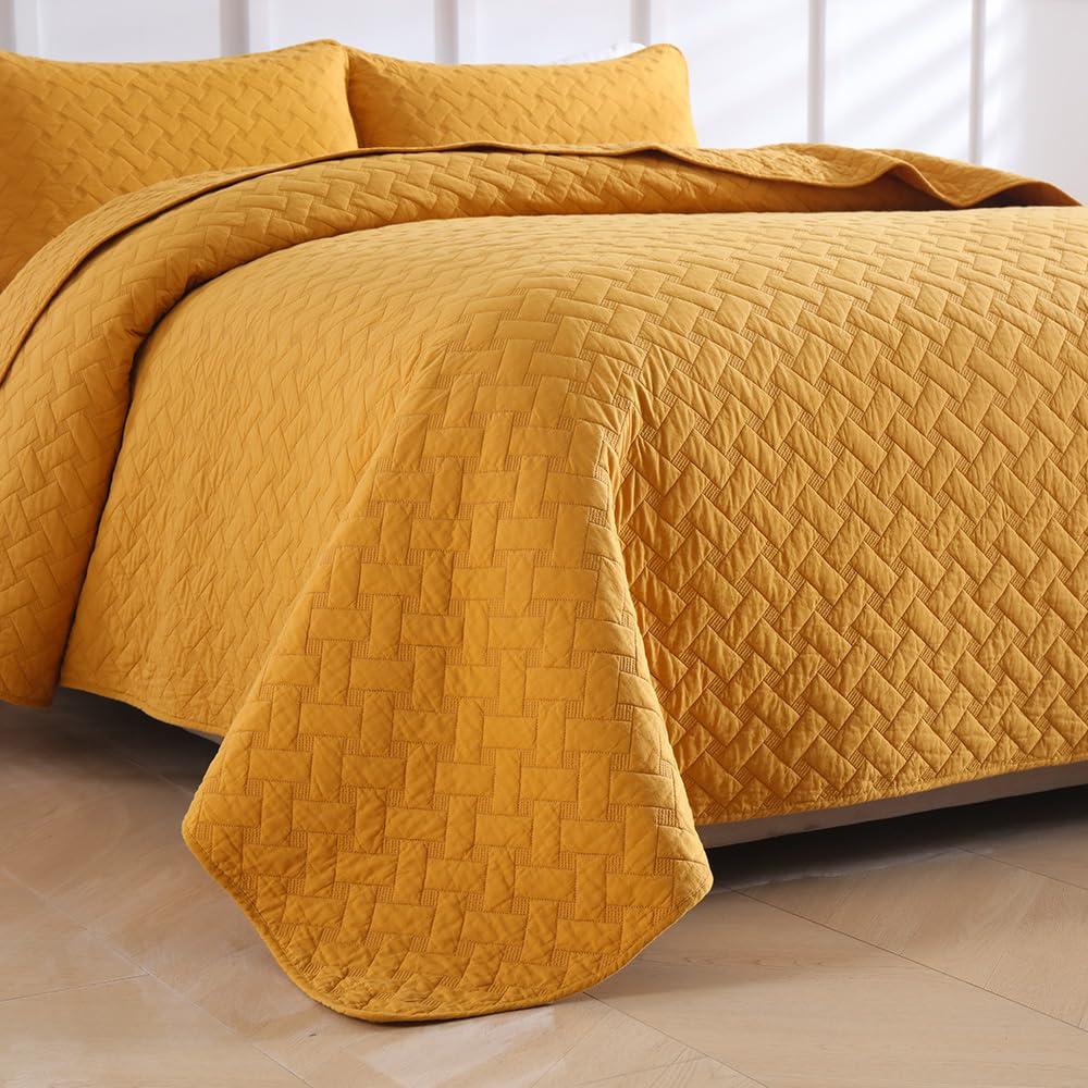 Cotton Quilt Bedding Sets Queen Size, 3 Pieces Reversible Lightweight Coverlets Comforters Bedspreads for All Seasons,Weave Stitching Pattern,Yellow