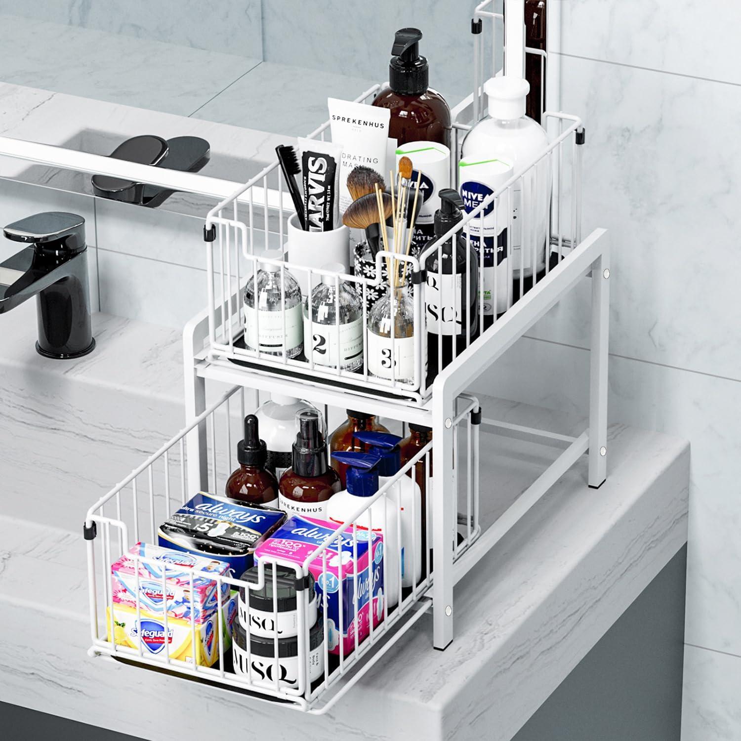 White Metal 2-Tier Sliding Basket Drawer Organizer