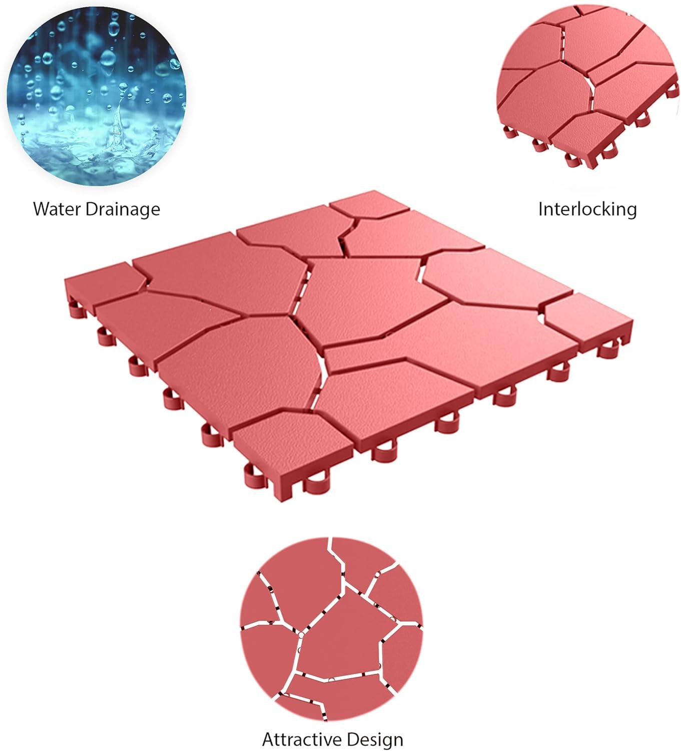 Pure Garden 12-Pack Polypropylene Interlocking Patio Deck Tiles - Weather-Resistant Outdoor Flooring for Balcony, Porch, and Garage (Brick Red)