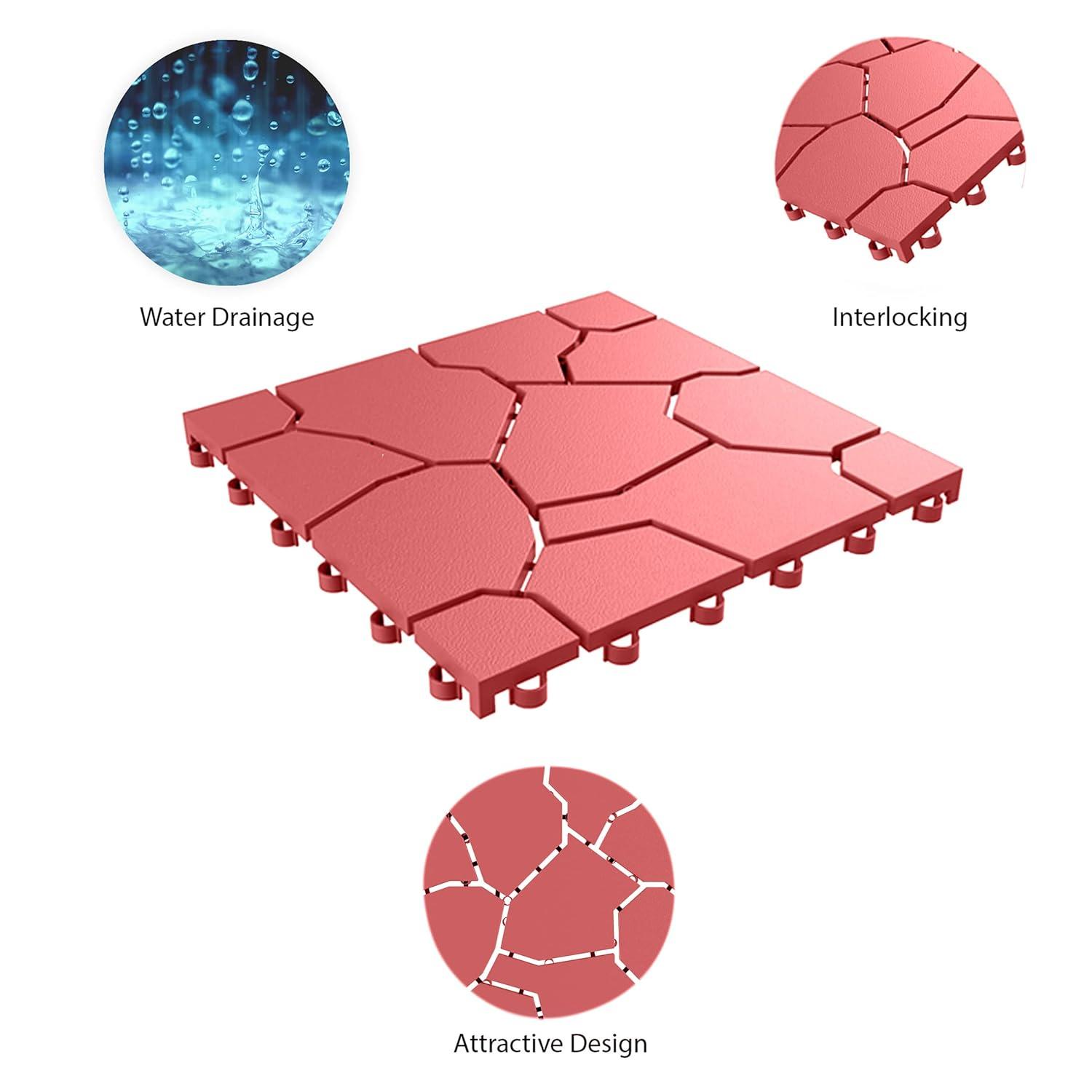 Pure Garden 12-Pack Polypropylene Interlocking Patio Deck Tiles - Weather-Resistant Outdoor Flooring for Balcony, Porch, and Garage (Brick Red)